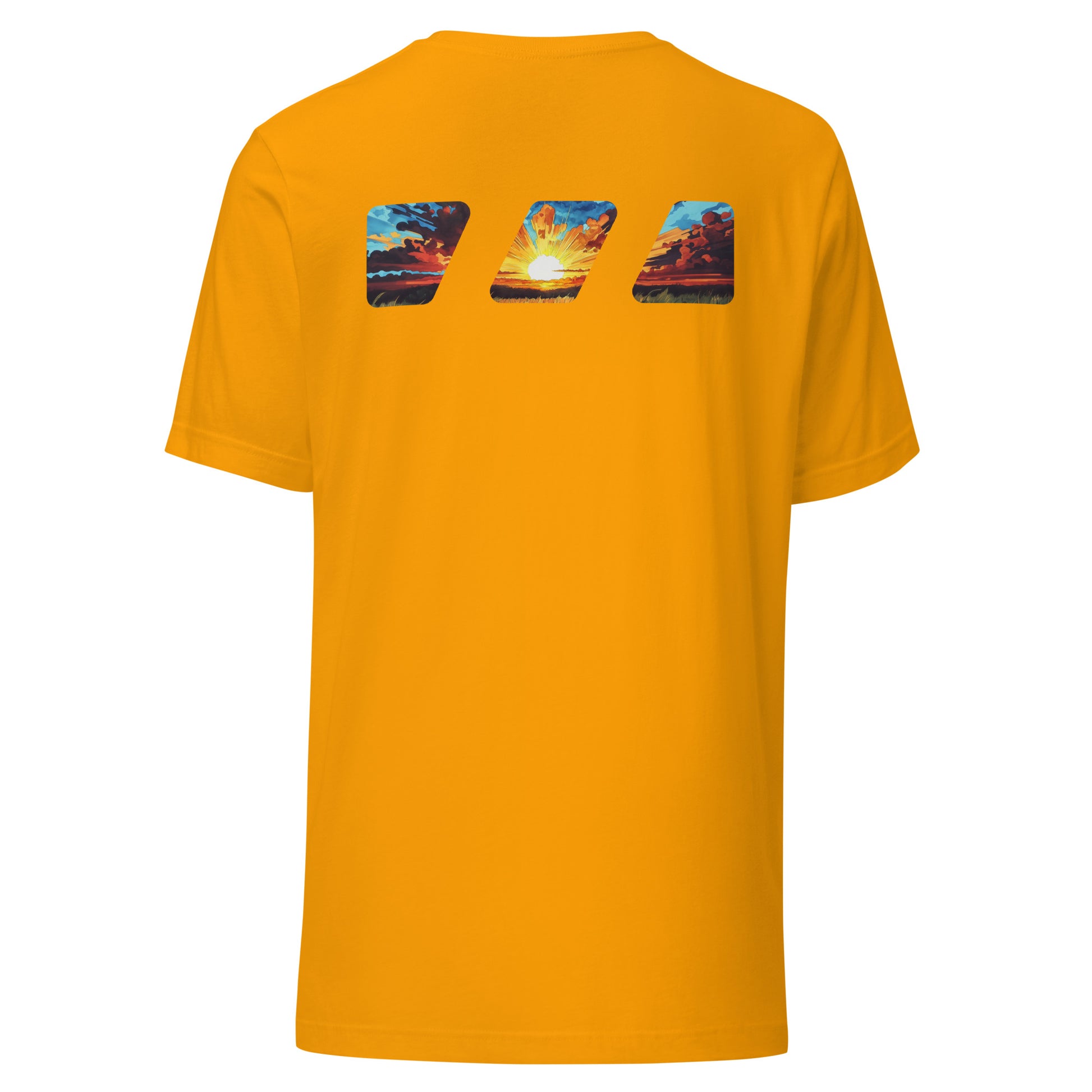 "Break The Fast" graphic tshirt, seen from the back, with the Brekky Threads Logo printed across the shoulders. Masked by the logo is a beautiful morning sunrise, with the sun rising over a grassy field, red and orange painted clouds in shadow, with the sun in the middle painting light across the sky. Staple tshirt, comfortable slim fit. Printed label with Company logo inside the colar. Unisex. Color: Gold.