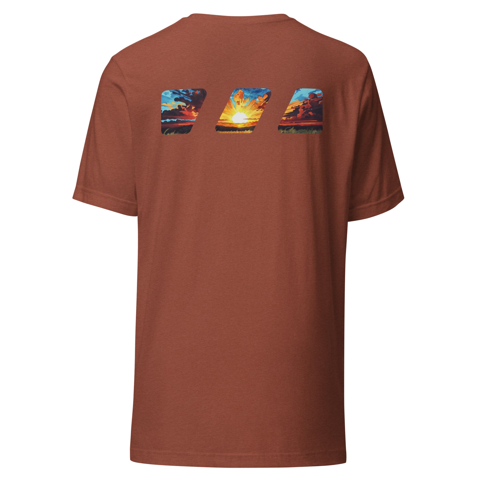 "Break The Fast" graphic tshirt, seen from the back, with the Brekky Threads Logo printed across the shoulders. Masked by the logo is a beautiful morning sunrise, with the sun rising over a grassy field, red and orange painted clouds in shadow, with the sun in the middle painting light across the sky. Staple tshirt, comfortable slim fit. Printed label with Company logo inside the colar. Unisex. Color: Heather Clay.