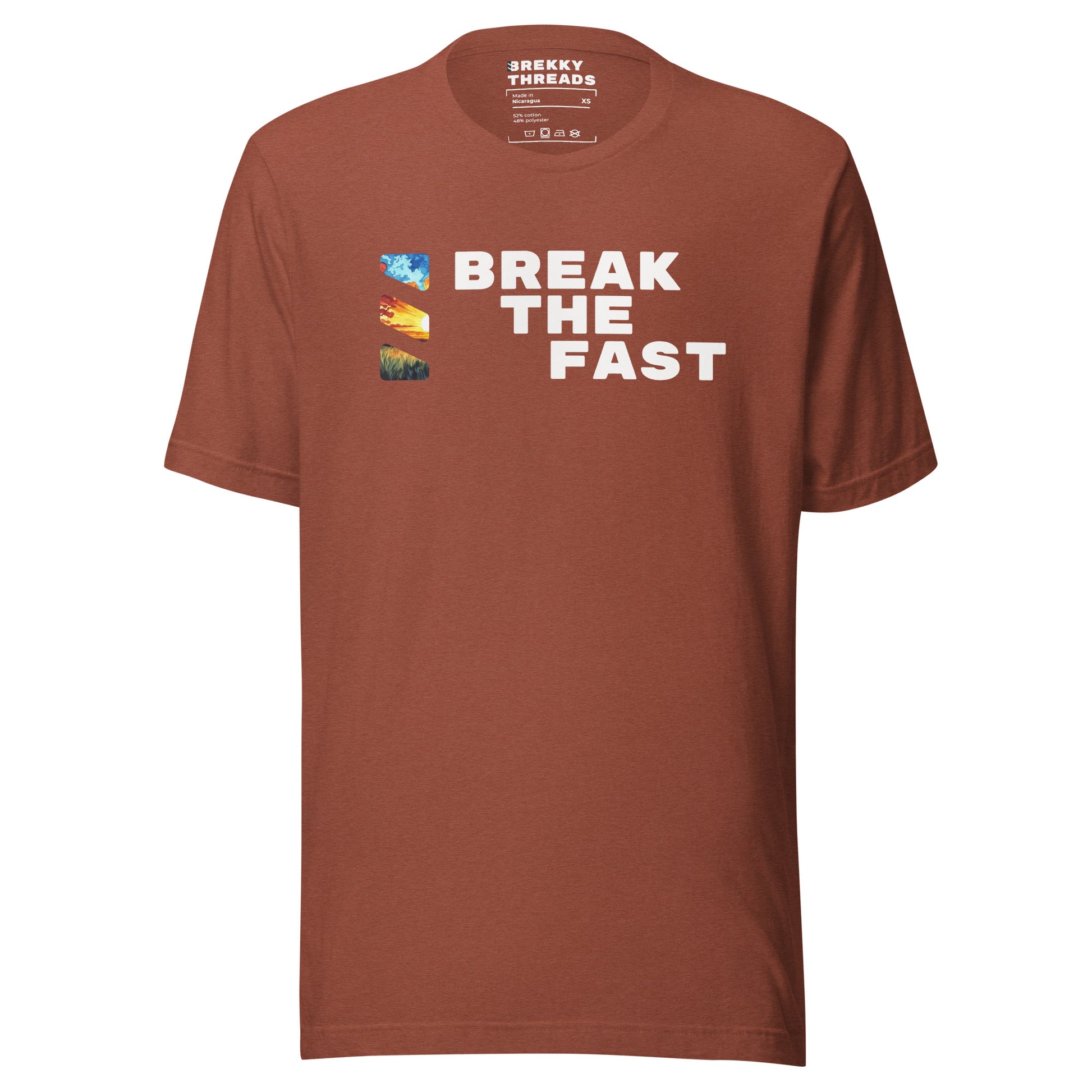 Graphic Tshirt with the comedic saying "Break The Fast" printed on the front with a diagonal stance, going from the top left to the bottom right. The Brekky Threads logo is printed vertically to the left of the text, masking an image of a sunrise. Staple tshirt, comfortable slim fit. Printed label with Company logo inside the colar. Unisex. Color: Heather Clay.