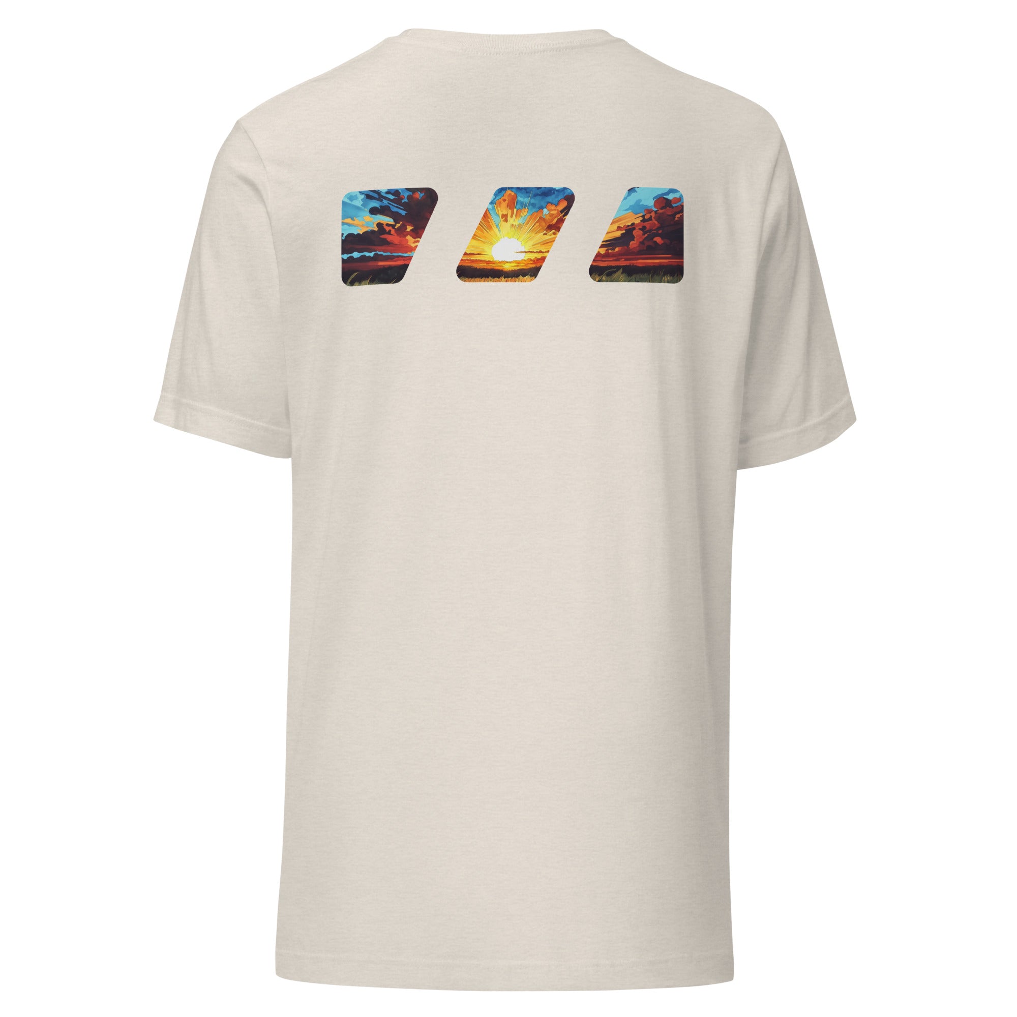 "Break The Fast" graphic tshirt, seen from the back, with the Brekky Threads Logo printed across the shoulders. Masked by the logo is a beautiful morning sunrise, with the sun rising over a grassy field, red and orange painted clouds in shadow, with the sun in the middle painting light across the sky. Staple tshirt, comfortable slim fit. Printed label with Company logo inside the colar. Unisex. Color: Soft Pink.
