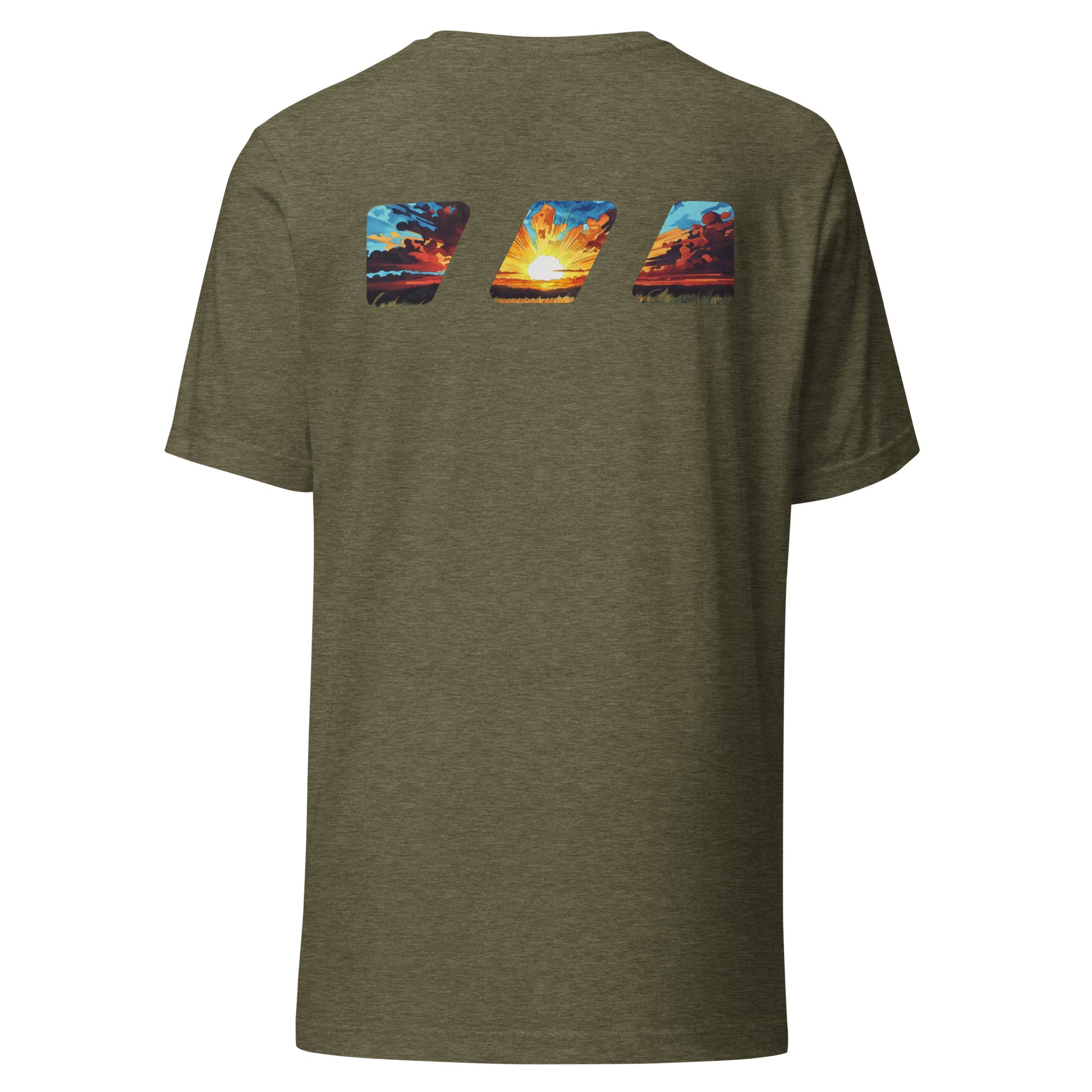 "Break The Fast" graphic tshirt, seen from the back, with the Brekky Threads Logo printed across the shoulders. Masked by the logo is a beautiful morning sunrise, with the sun rising over a grassy field, red and orange painted clouds in shadow, with the sun in the middle painting light across the sky. Staple tshirt, comfortable slim fit. Printed label with Company logo inside the colar. Unisex. Color: Heather Olive.