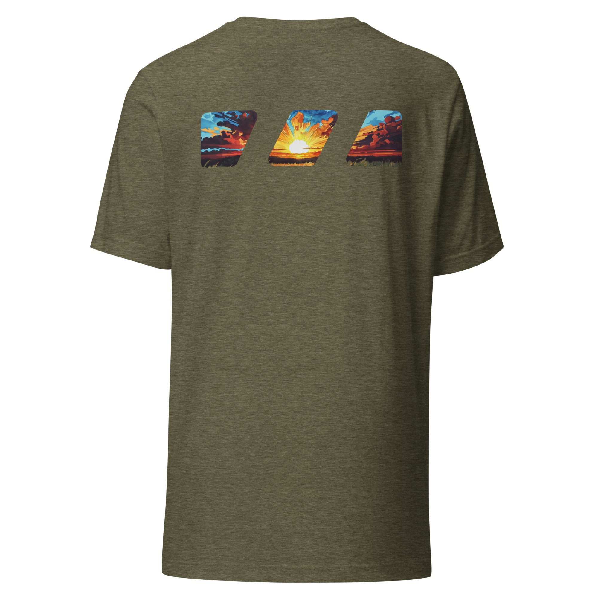 "Break The Fast" graphic tshirt, seen from the back, with the Brekky Threads Logo printed across the shoulders. Masked by the logo is a beautiful morning sunrise, with the sun rising over a grassy field, red and orange painted clouds in shadow, with the sun in the middle painting light across the sky. Staple tshirt, comfortable slim fit. Printed label with Company logo inside the colar. Unisex. Color: Heather Olive.