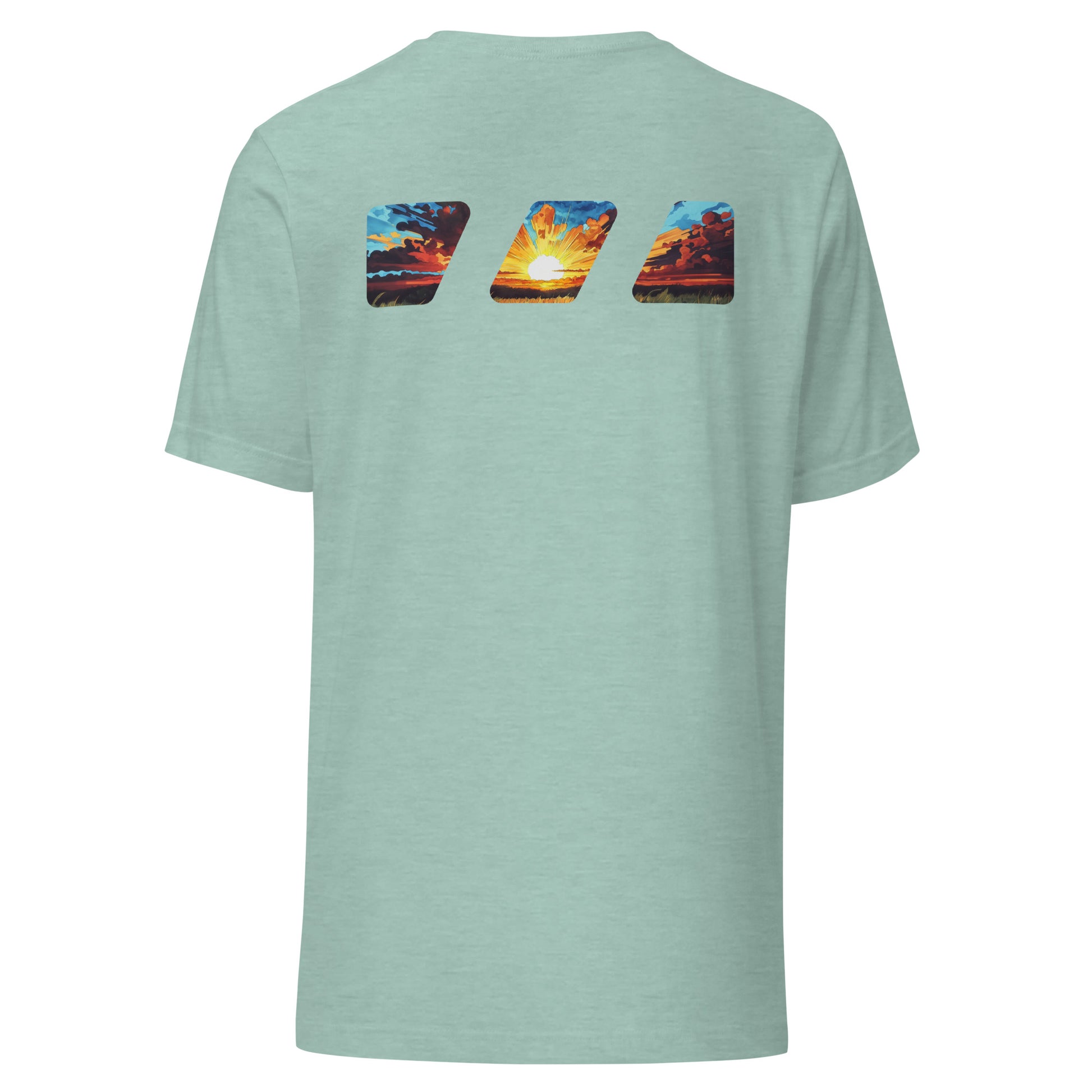 "Break The Fast" graphic tshirt, seen from the back, with the Brekky Threads Logo printed across the shoulders. Masked by the logo is a beautiful morning sunrise, with the sun rising over a grassy field, red and orange painted clouds in shadow, with the sun in the middle painting light across the sky. Staple tshirt, comfortable slim fit. Printed label with Company logo inside the colar. Unisex. Color: Heather Prism Dusty Blue.