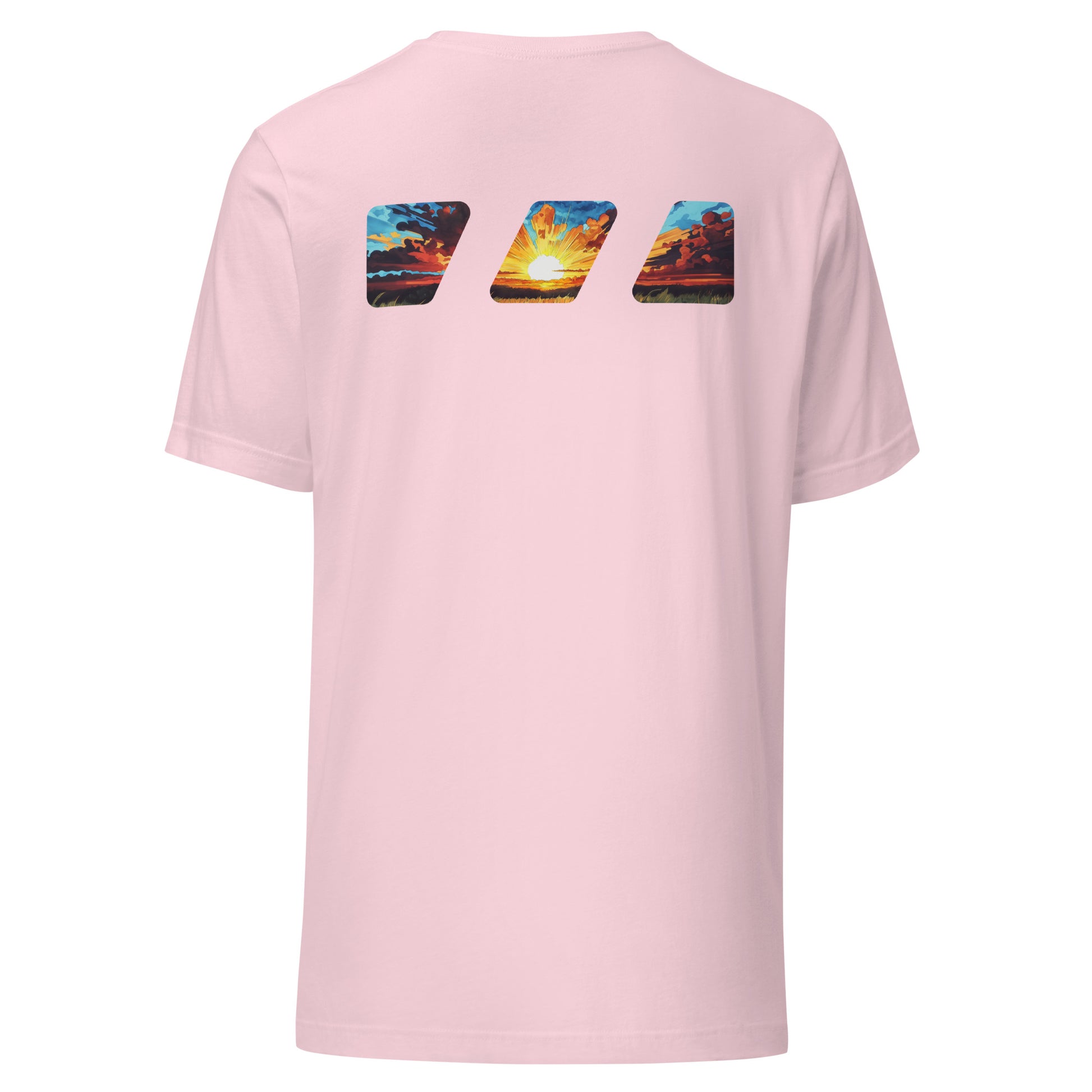 "Break The Fast" graphic tshirt, seen from the back, with the Brekky Threads Logo printed across the shoulders. Masked by the logo is a beautiful morning sunrise, with the sun rising over a grassy field, red and orange painted clouds in shadow, with the sun in the middle painting light across the sky. Staple tshirt, comfortable slim fit. Printed label with Company logo inside the colar. Unisex. Color: Soft Pink.