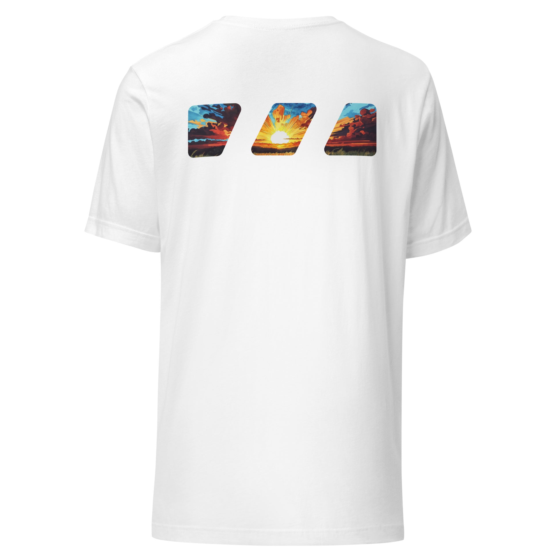 "Break The Fast" graphic tshirt, seen from the back, with the Brekky Threads Logo printed across the shoulders. Masked by the logo is a beautiful morning sunrise, with the sun rising over a grassy field, red and orange painted clouds in shadow, with the sun in the middle painting light across the sky. Staple tshirt, comfortable slim fit. Printed label with Company logo inside the colar. Unisex. Color: White.