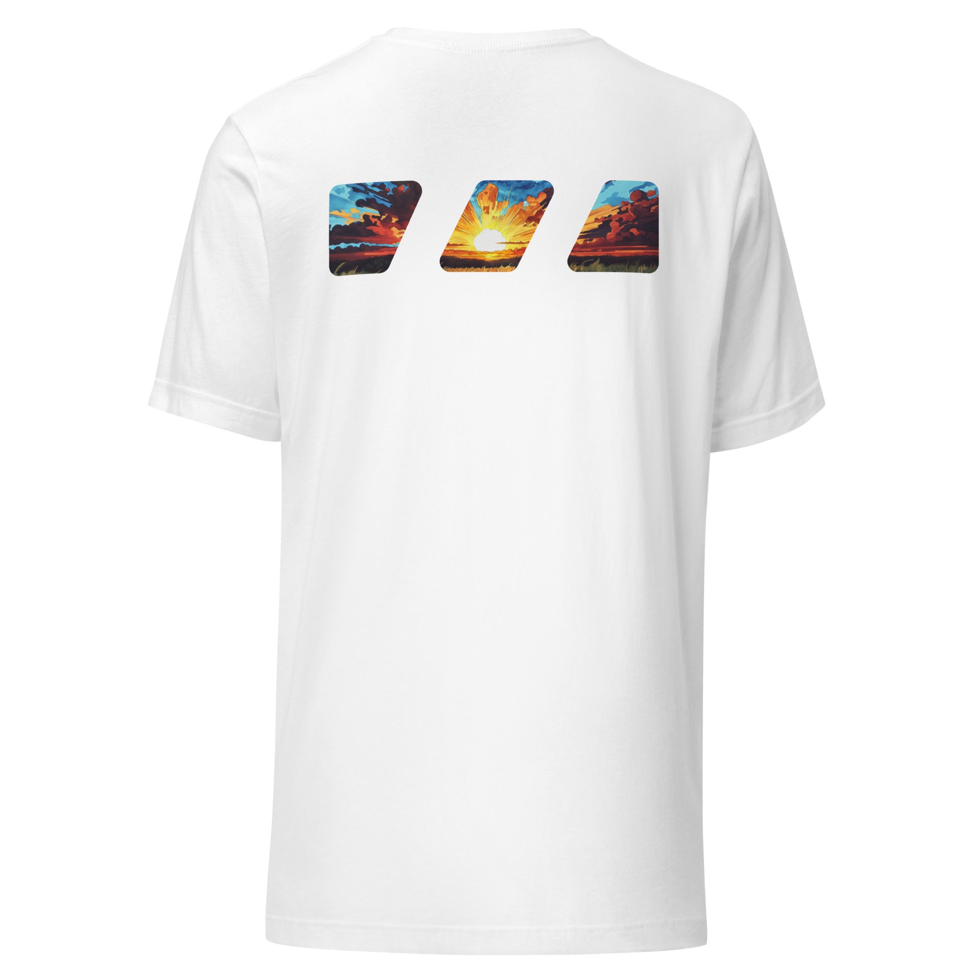 "Break The Fast" graphic tshirt, seen from the back, with the Brekky Threads Logo printed across the shoulders. Masked by the logo is a beautiful morning sunrise, with the sun rising over a grassy field, red and orange painted clouds in shadow, with the sun in the middle painting light across the sky. Staple tshirt, comfortable slim fit. Printed label with Company logo inside the colar. Unisex. Color: White.