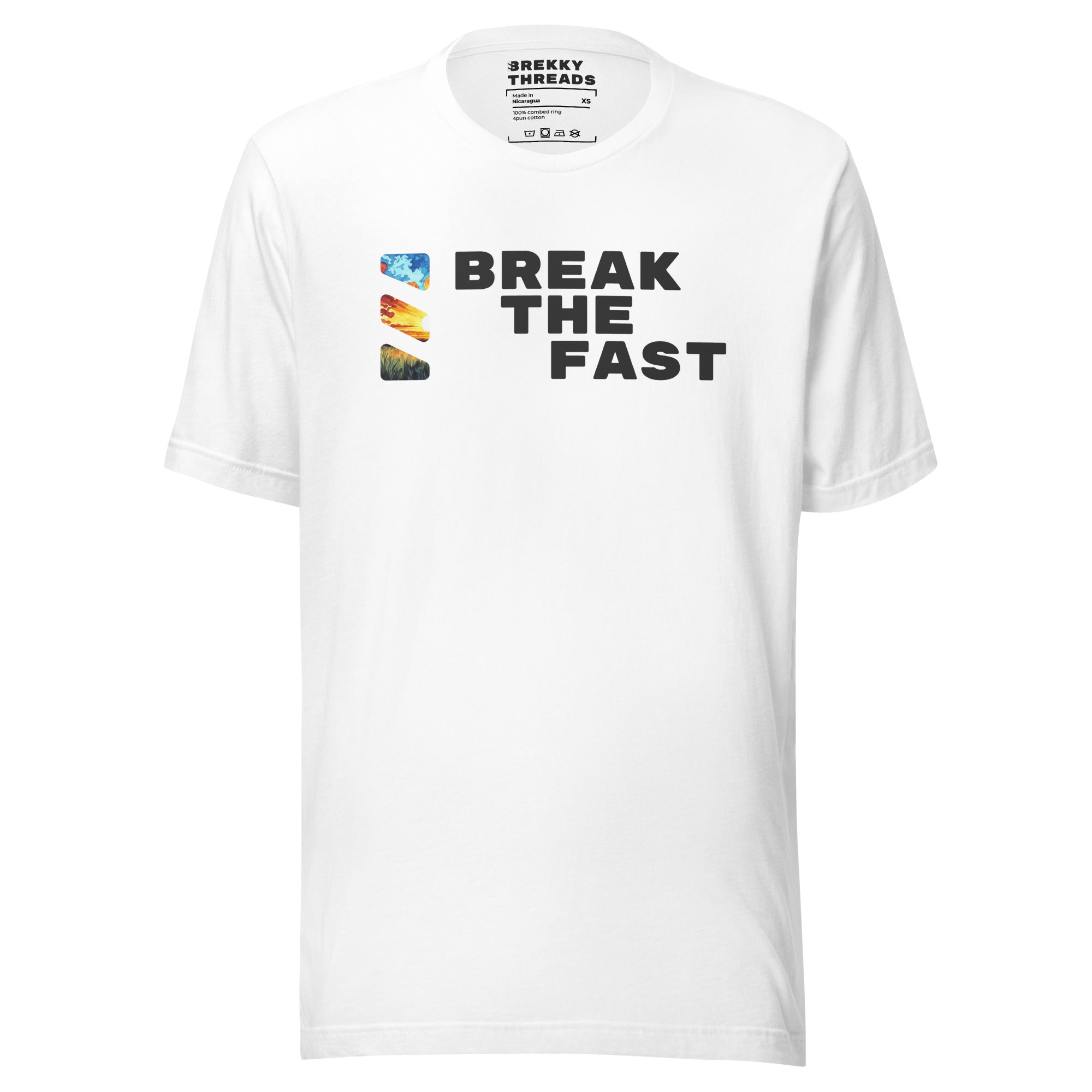 Graphic Tshirt with the comedic saying "Break The Fast" printed on the front with a diagonal stance, going from the top left to the bottom right. The Brekky Threads logo is printed vertically to the left of the text, masking an image of a sunrise. Staple tshirt, comfortable slim fit. Printed label with Company logo inside the colar. Unisex. Color: White.