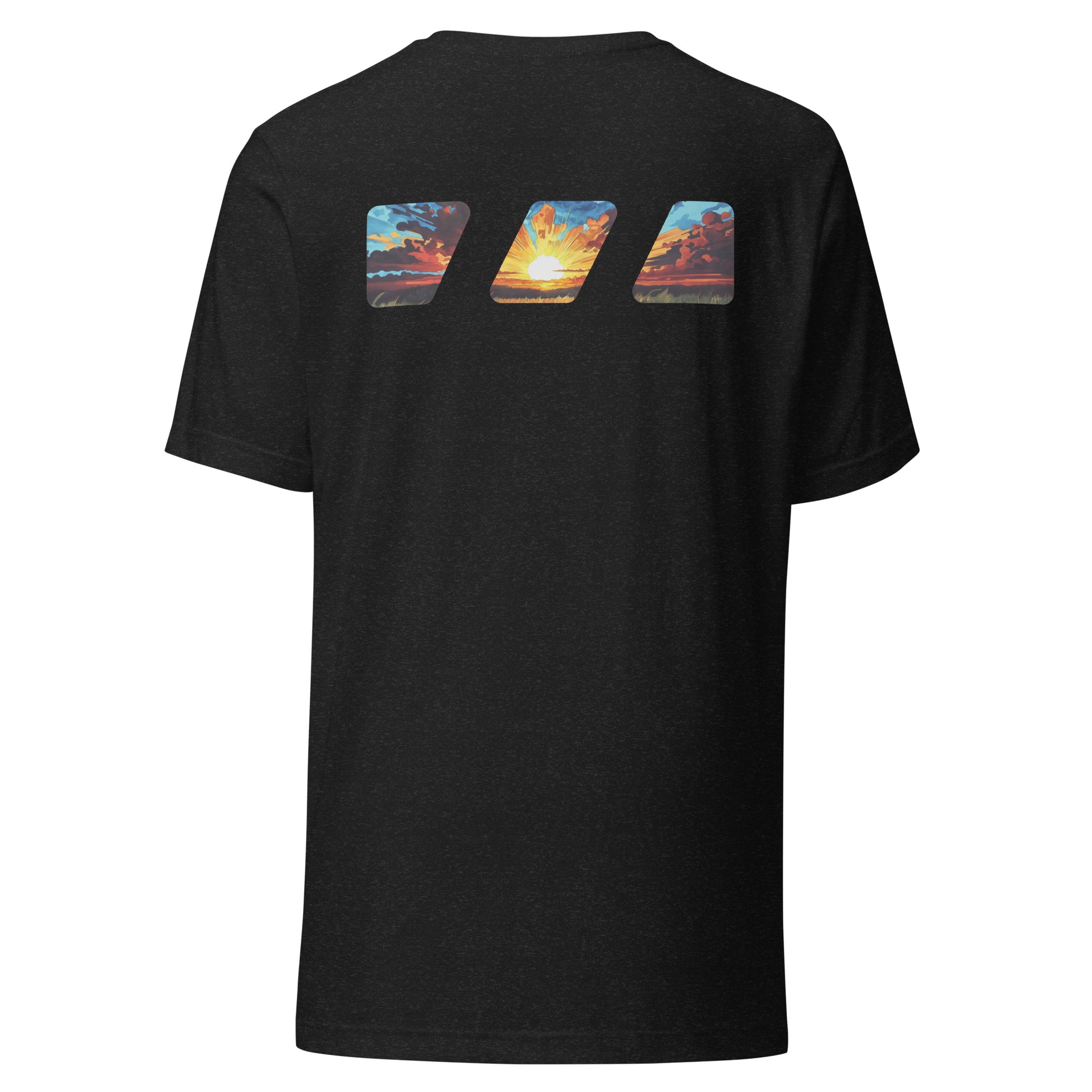 "Break The Fast" graphic tshirt, seen from the back, with the Brekky Threads Logo printed across the shoulders. Masked by the logo is a beautiful morning sunrise, with the sun rising over a grassy field, red and orange painted clouds in shadow, with the sun in the middle painting light across the sky. Staple tshirt, comfortable slim fit. Printed label with Company logo inside the colar. Unisex. Color: Heather Black.