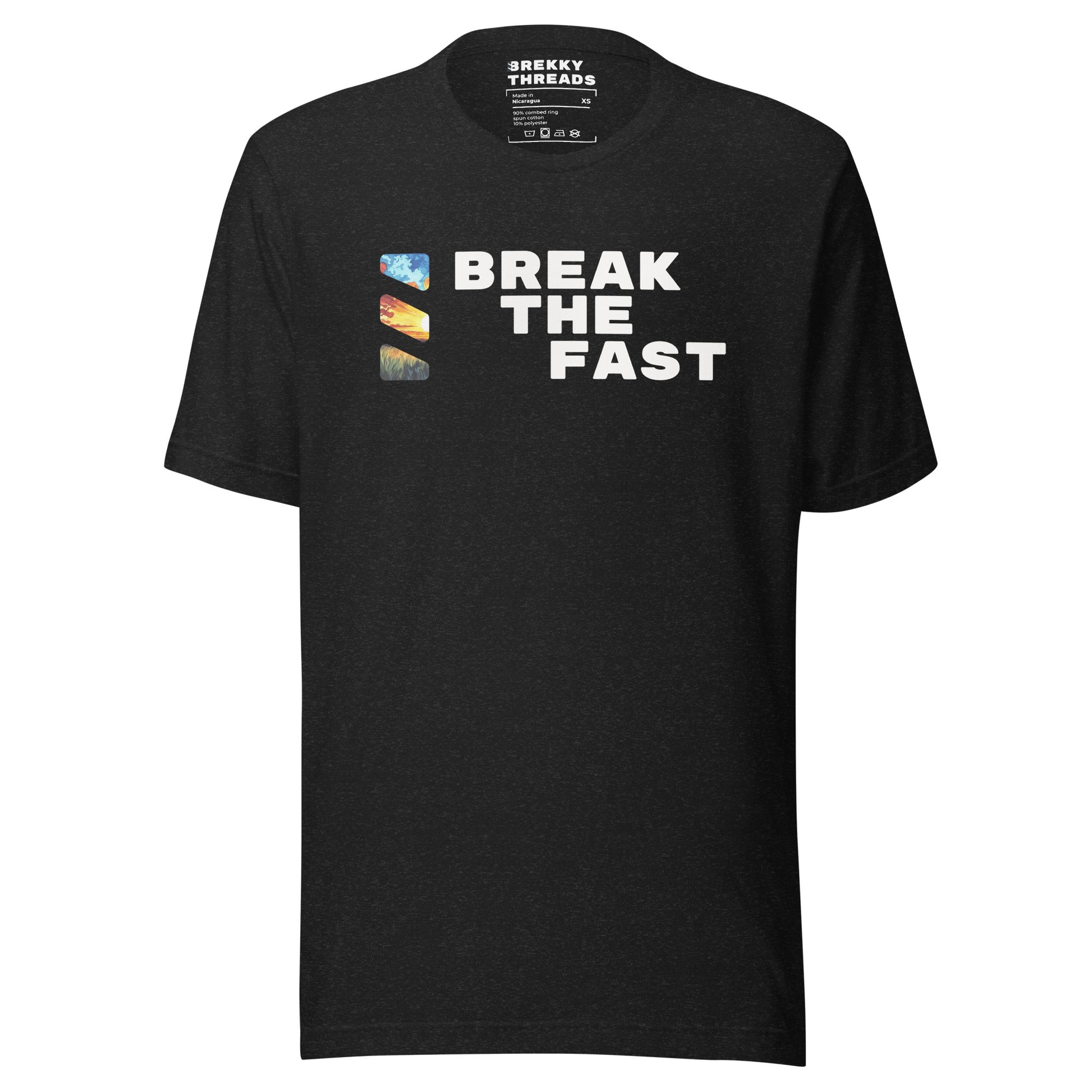 Graphic Tshirt with the comedic saying "Break The Fast" printed on the front with a diagonal stance, going from the top left to the bottom right. The Brekky Threads logo is printed vertically to the left of the text, masking an image of a sunrise. Staple tshirt, comfortable slim fit. Printed label with Company logo inside the colar. Unisex. Color: Heather Black.