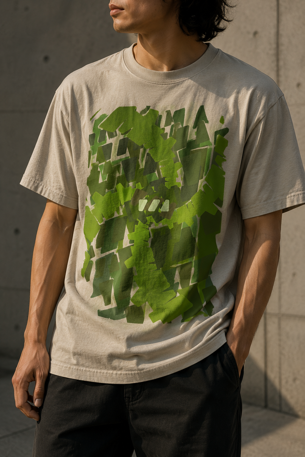 White man standing with one hand in his pocket, wearing an oversized faded bone tshirt with the Emerald Stream design by Brekky Threads on the front. The design is composed of the Brekky logo in different shades of green arranged artistically to form a swirl.