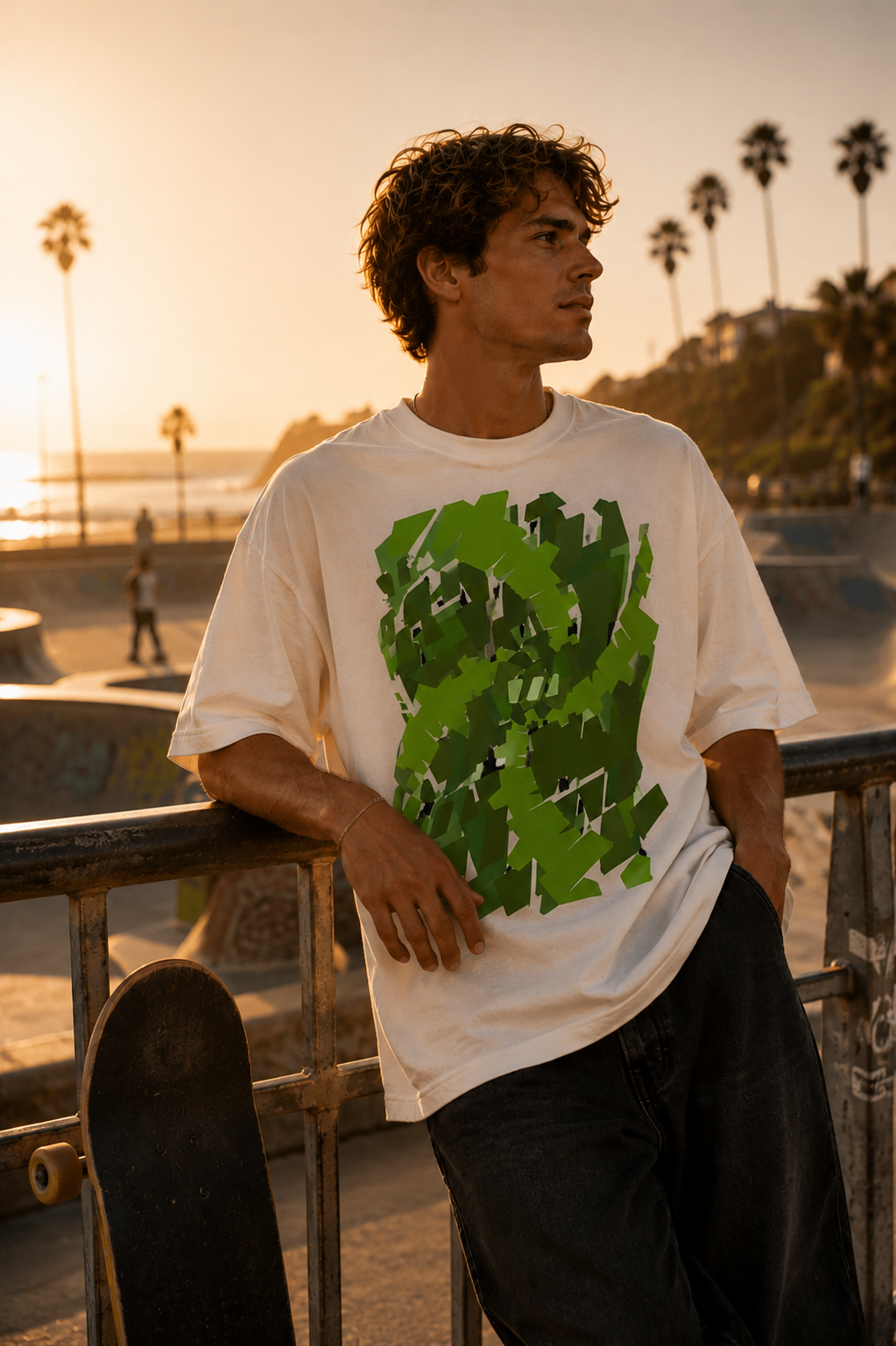 A man at the beach with his skateboard. He is wearing an oversized white t-shirt with a Brekky design on the front. The design is "Emerald Stream": geometric shapes (made by the Brekky Logo) placed painterly to create a green swirl..