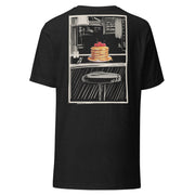 This slim fitting stretchy tshirt features a sketch style design by Brekky Threads. Pancakes on a plate, drawn in full color, set in a line art breakfast diner sketch. The lines are different shades of grey, while the background takes on the color of the tshirt fabric. Unisex. Color:  Heather Black.