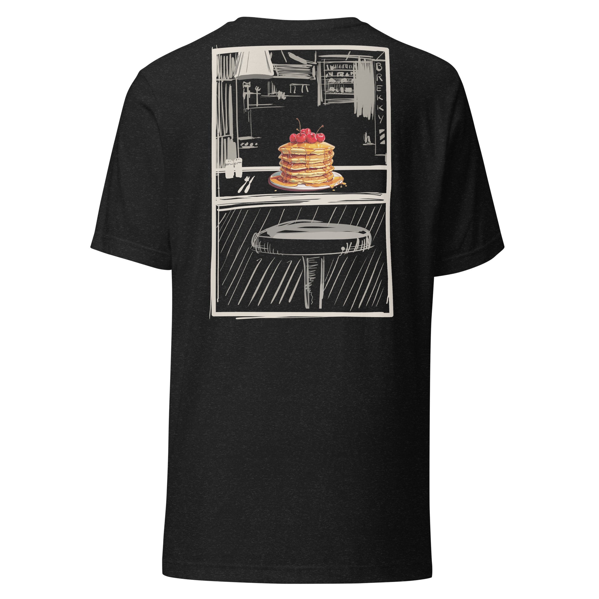 This slim fitting stretchy tshirt features a sketch style design by Brekky Threads. Pancakes on a plate, drawn in full color, set in a line art breakfast diner sketch. The lines are different shades of grey, while the background takes on the color of the tshirt fabric. Unisex. Color:  Heather Black.