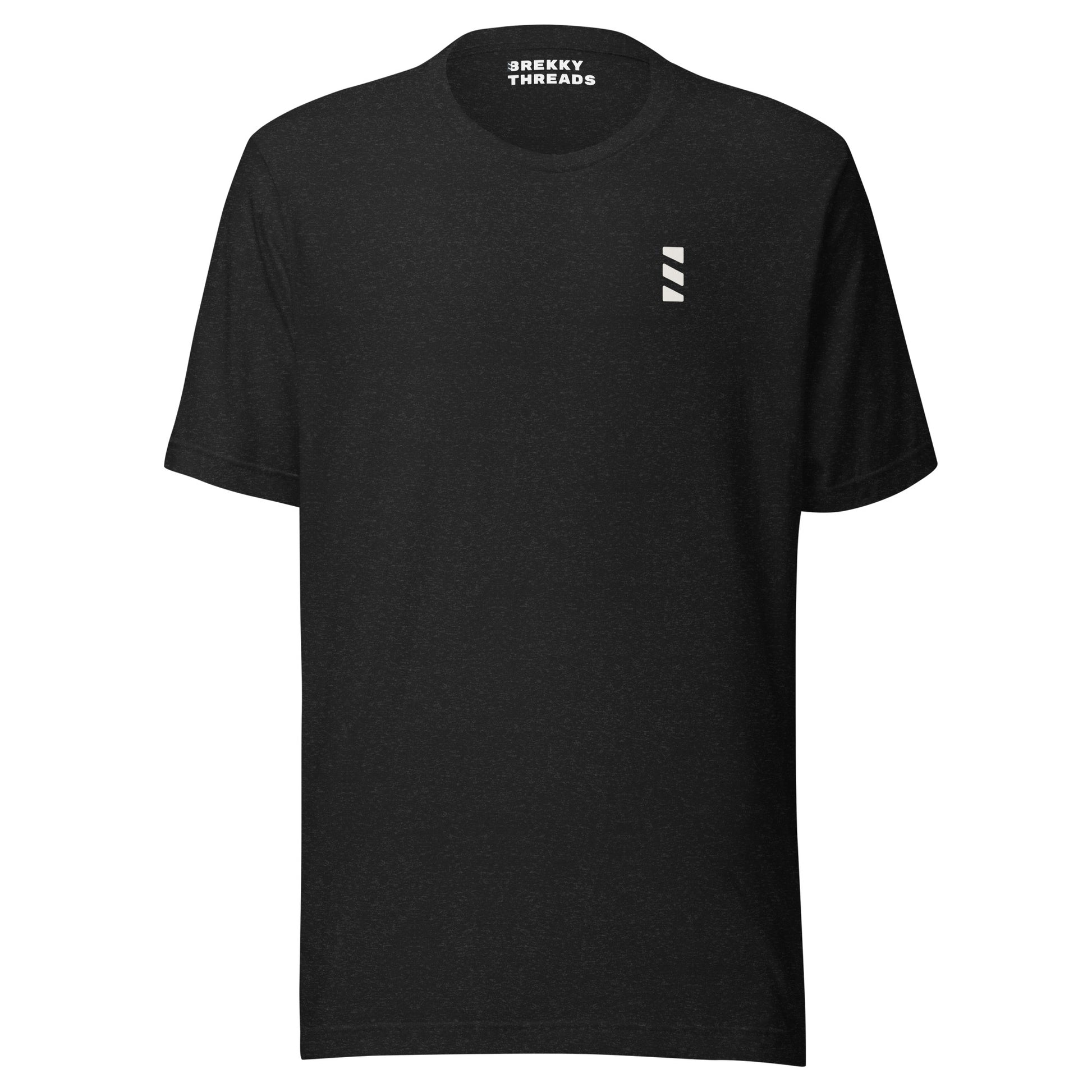 Pancake Diner Tshirt: This slim fitting stretchy tshirt features a sketch style design by Brekky Threads. Pancakes on a plate, drawn in full color, set in a line art breakfast diner sketch. The lines are different shades of grey, while the background takes on the color of the tshirt fabric. This is the front of the tshirt, and only features the Brekky Threads logo in black over the left breast. Unisex. Color:  Heather Black.