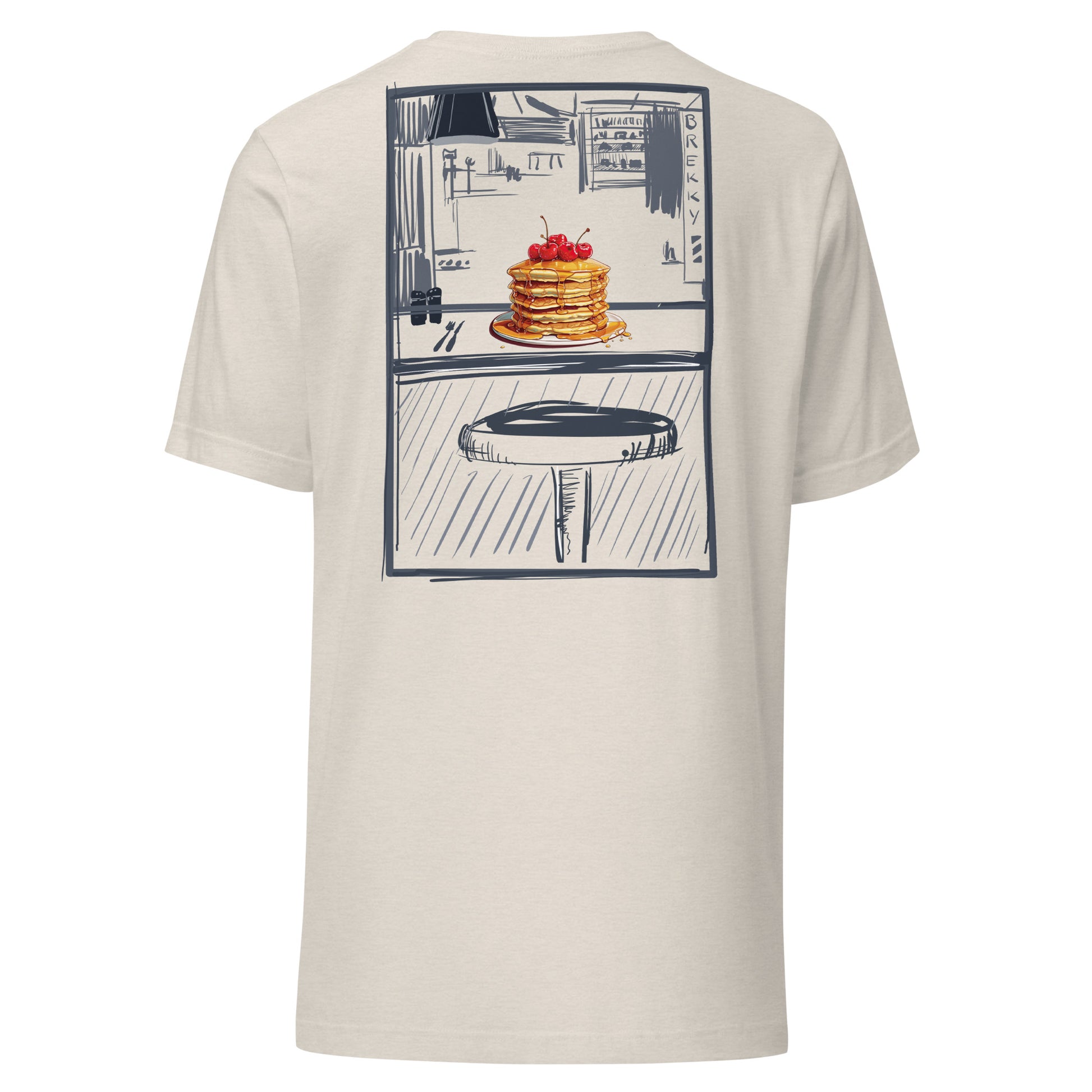 This slim fitting stretchy tshirt features a sketch style design by Brekky Threads. Pancakes on a plate, drawn in full color, set in a line art breakfast diner sketch. The lines are different shades of grey, while the background takes on the color of the tshirt fabric. Unisex. Color:  Heather Dust.