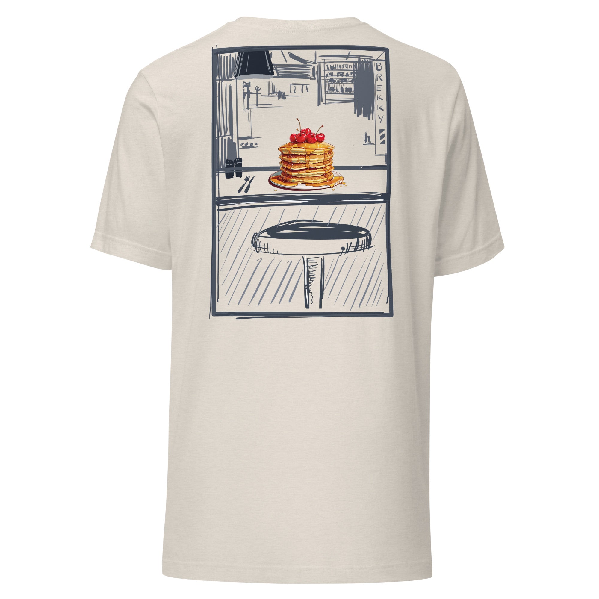 This slim fitting stretchy tshirt features a sketch style design by Brekky Threads. Pancakes on a plate, drawn in full color, set in a line art breakfast diner sketch. The lines are different shades of grey, while the background takes on the color of the tshirt fabric. Unisex. Color:  Heather Dust.