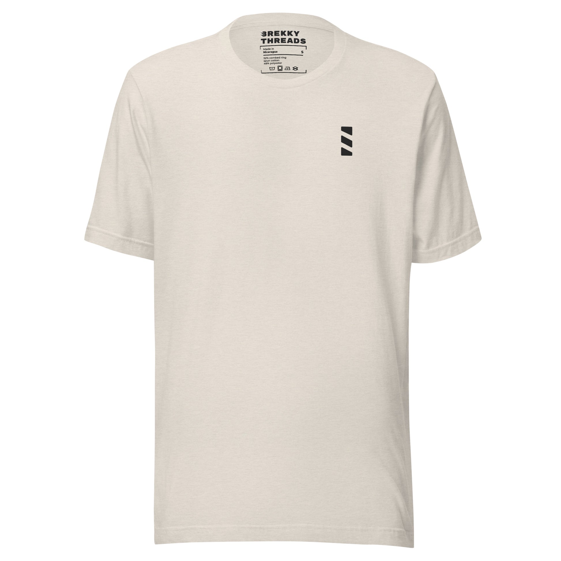 Pancake Diner Tshirt: This slim fitting stretchy tshirt features a sketch style design by Brekky Threads. Pancakes on a plate, drawn in full color, set in a line art breakfast diner sketch. The lines are different shades of grey, while the background takes on the color of the tshirt fabric. This is the front of the tshirt, and only features the Brekky Threads logo in black over the left breast. Unisex. Color:  Heather Dust.
