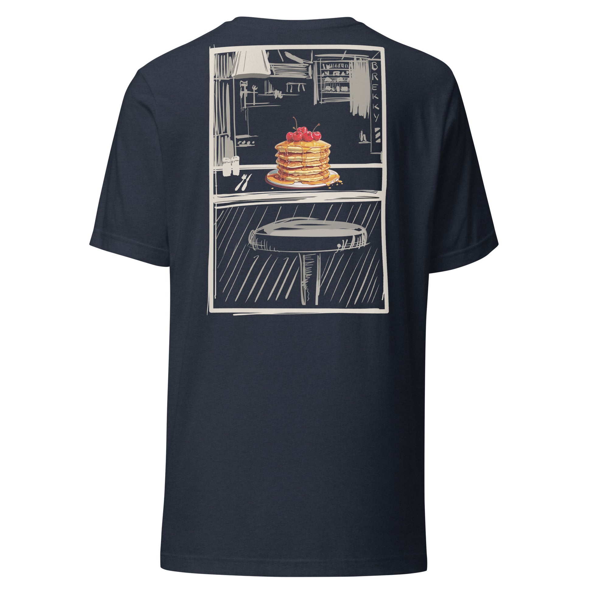 This slim fitting stretchy tshirt features a sketch style design by Brekky Threads. Pancakes on a plate, drawn in full color, set in a line art breakfast diner sketch. The lines are different shades of grey, while the background takes on the color of the tshirt fabric. Unisex. Color:  Heather Navy.
