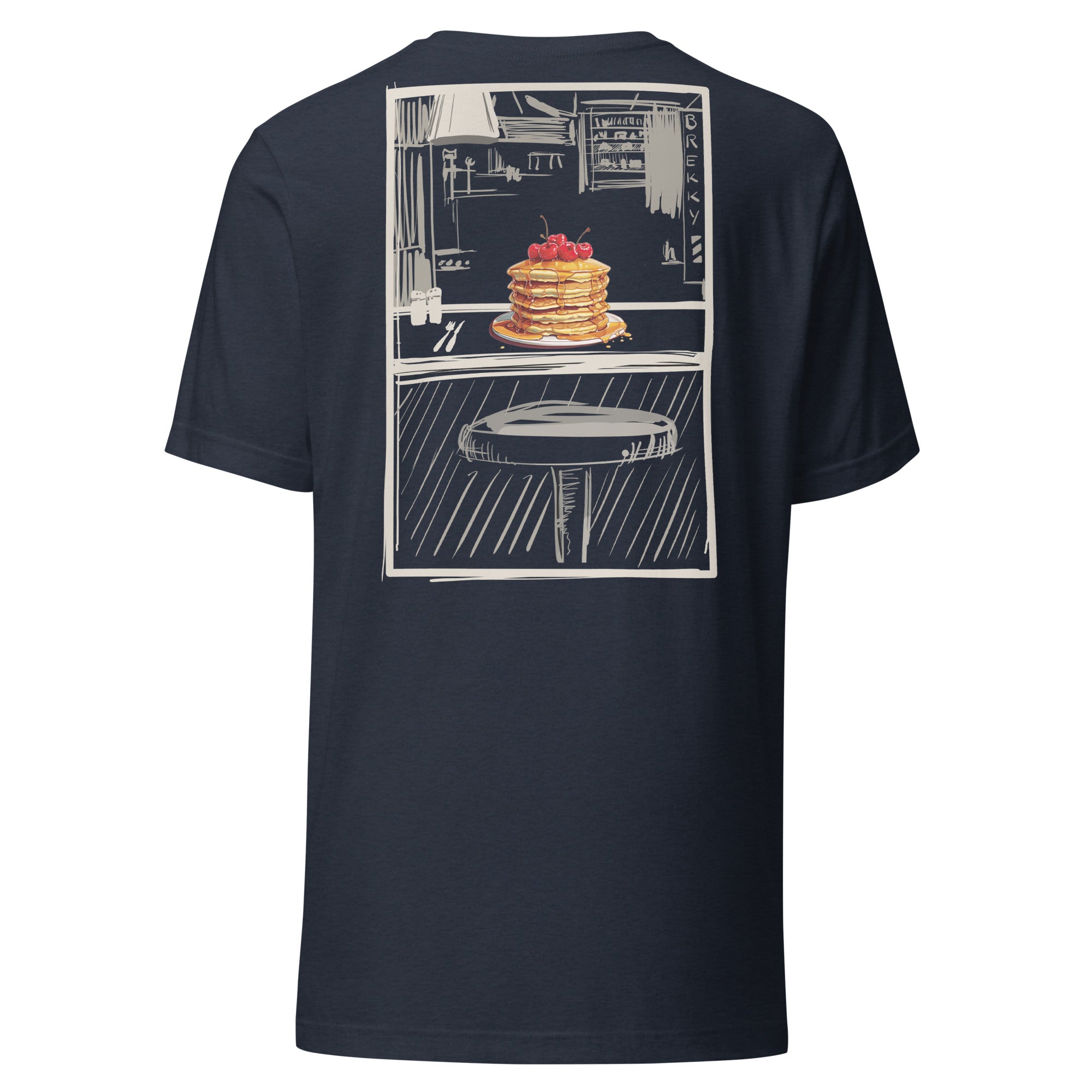 This slim fitting stretchy tshirt features a sketch style design by Brekky Threads. Pancakes on a plate, drawn in full color, set in a line art breakfast diner sketch. The lines are different shades of grey, while the background takes on the color of the tshirt fabric. Unisex. Color:  Heather Navy.