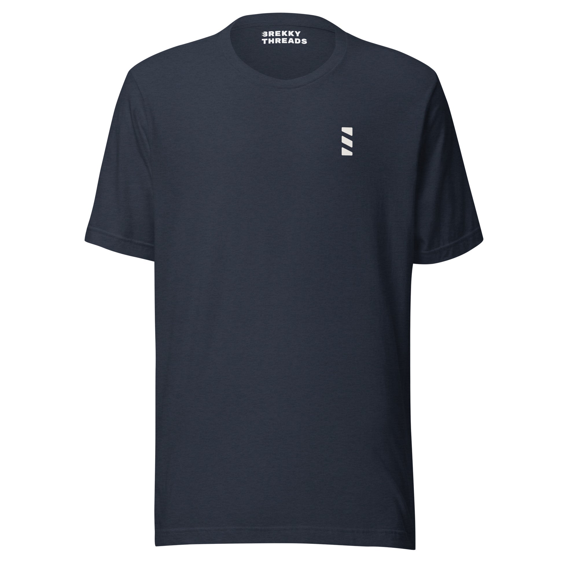 Pancake Diner Tshirt: This slim fitting stretchy tshirt features a sketch style design by Brekky Threads. Pancakes on a plate, drawn in full color, set in a line art breakfast diner sketch. The lines are different shades of grey, while the background takes on the color of the tshirt fabric. This is the front of the tshirt, and only features the Brekky Threads logo in black over the left breast. Unisex. Color:  Heather Navy.
