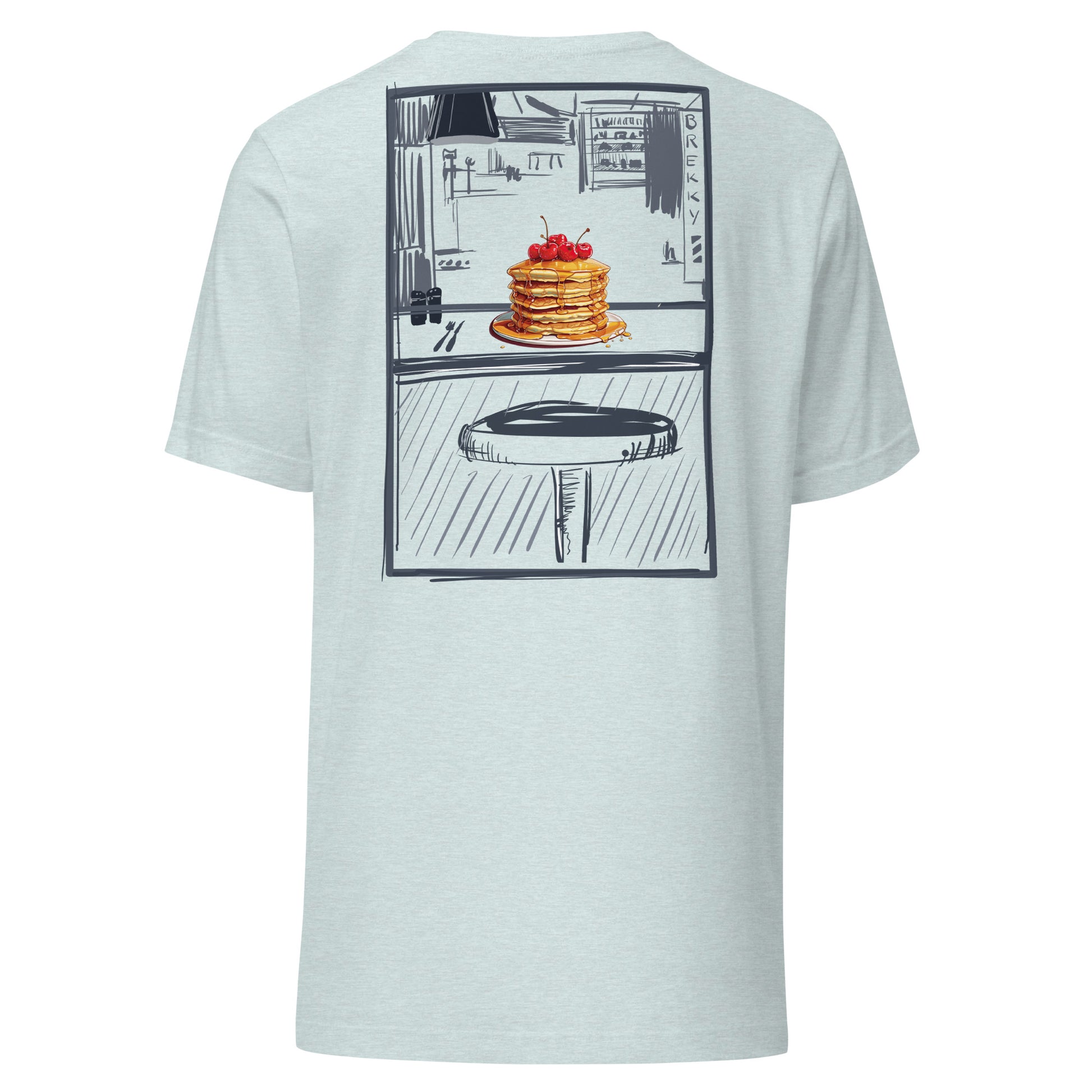 This slim fitting stretchy tshirt features a sketch style design by Brekky Threads. Pancakes on a plate, drawn in full color, set in a line art breakfast diner sketch. The lines are different shades of grey, while the background takes on the color of the tshirt fabric. Unisex. Color:  Heather Prism Ice Blue.