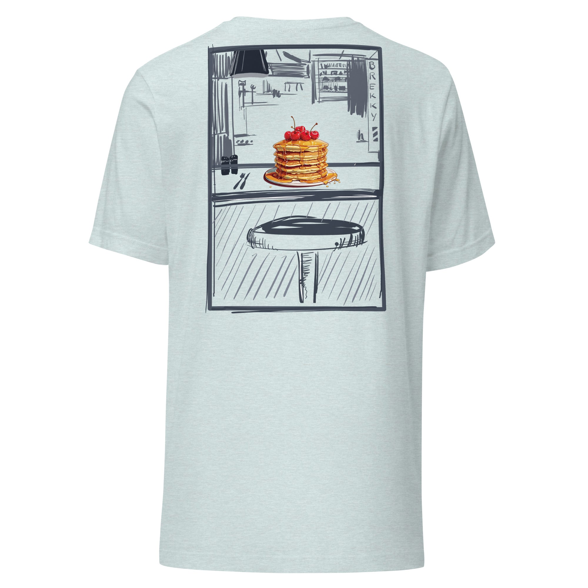 This slim fitting stretchy tshirt features a sketch style design by Brekky Threads. Pancakes on a plate, drawn in full color, set in a line art breakfast diner sketch. The lines are different shades of grey, while the background takes on the color of the tshirt fabric. Unisex. Color:  Heather Prism Ice Blue.