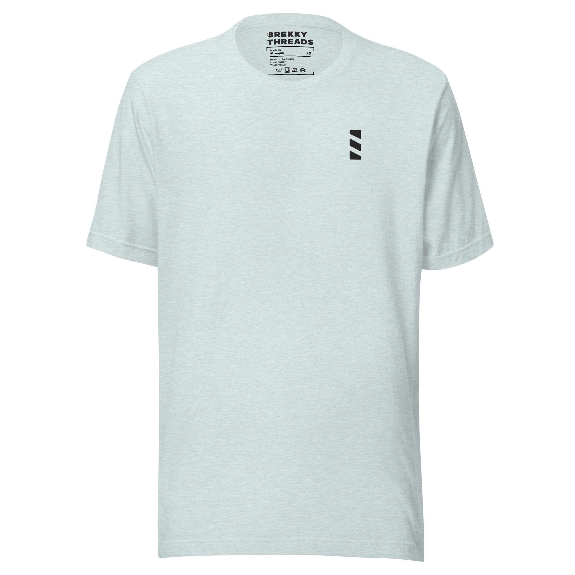 Pancake Diner Tshirt: This slim fitting stretchy tshirt features a sketch style design by Brekky Threads. Pancakes on a plate, drawn in full color, set in a line art breakfast diner sketch. The lines are different shades of grey, while the background takes on the color of the tshirt fabric. This is the front of the tshirt, and only features the Brekky Threads logo in black over the left breast. Unisex. Color:  Heather Prism Ice Blue.