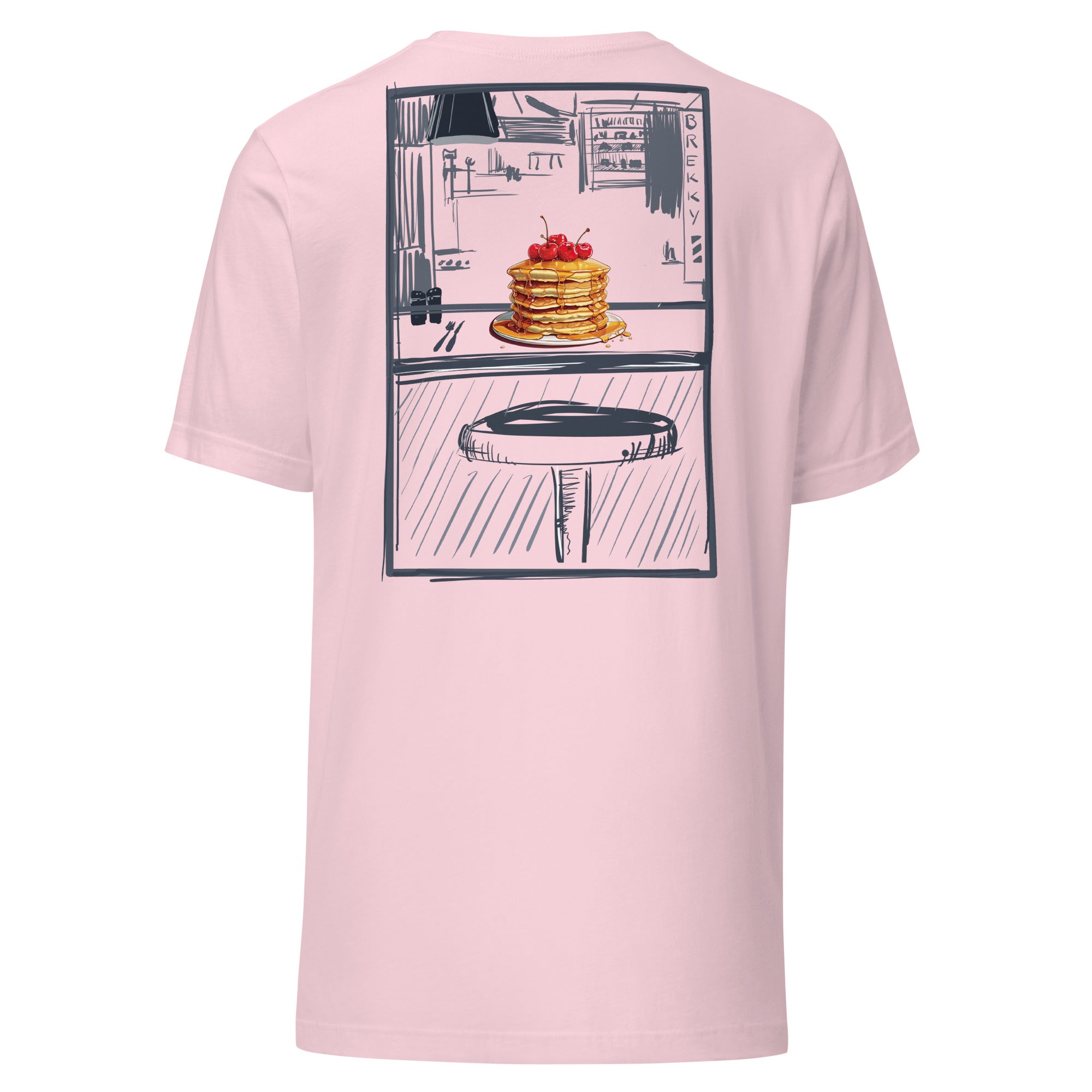 This slim fitting stretchy tshirt features a sketch style design by Brekky Threads. Pancakes on a plate, drawn in full color, set in a line art breakfast diner sketch. The lines are different shades of grey, while the background takes on the color of the tshirt fabric. Unisex. Color:  Soft Pink.