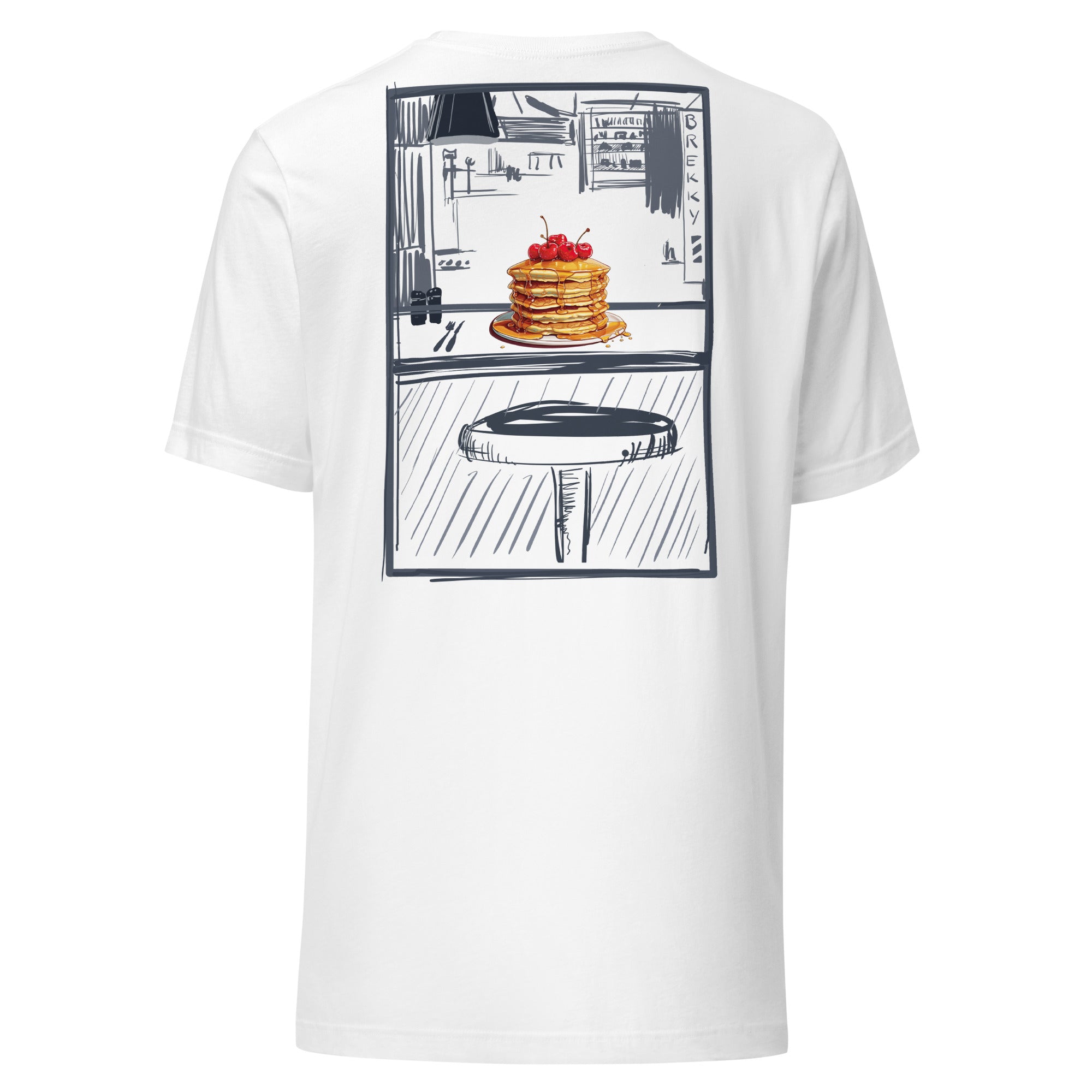 This slim fitting stretchy tshirt features a sketch style design by Brekky Threads. Pancakes on a plate, drawn in full color, set in a line art breakfast diner sketch. The lines are different shades of grey, while the background takes on the color of the tshirt fabric. Unisex. Color:  White.