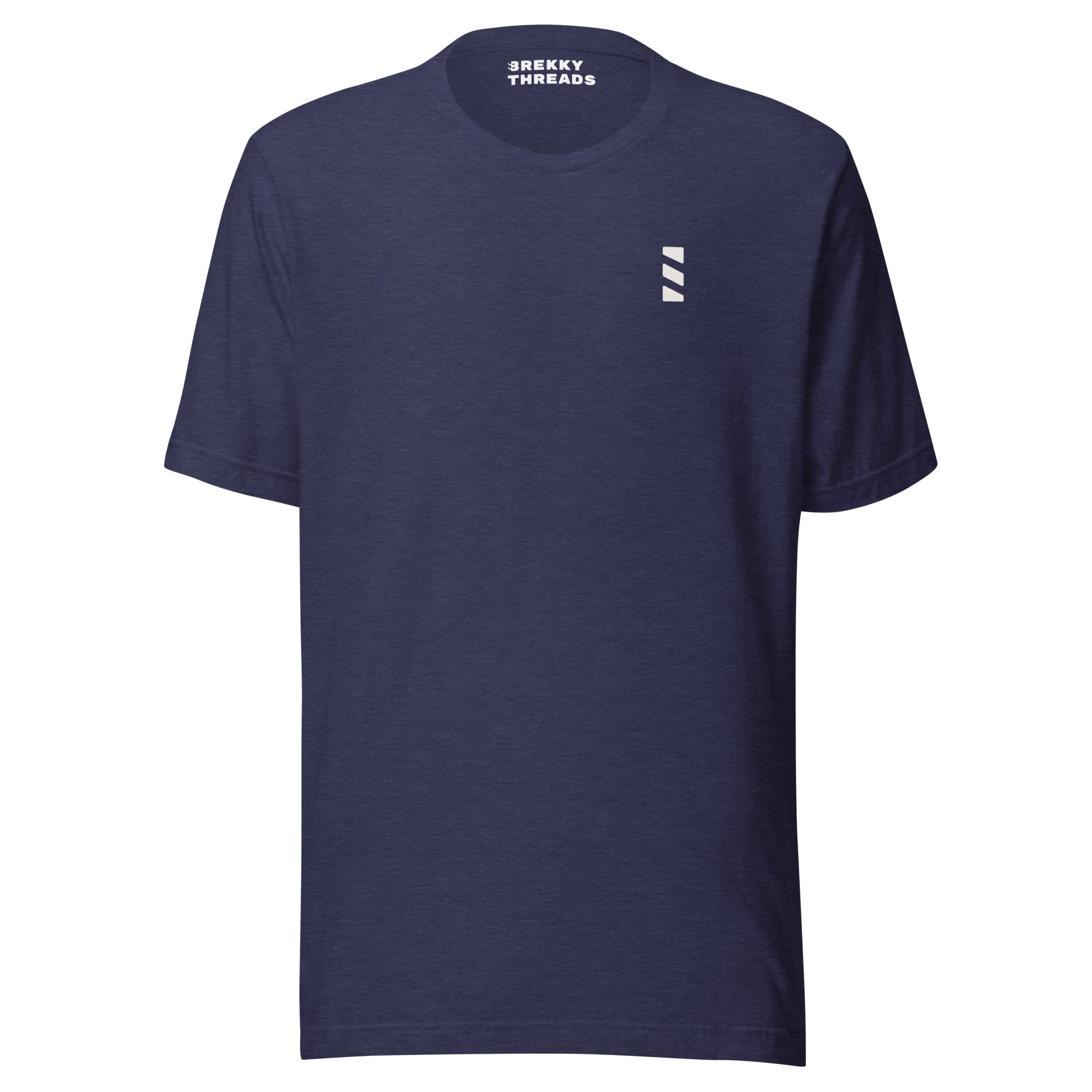 Pancake Diner Tshirt: This slim fitting stretchy tshirt features a sketch style design by Brekky Threads. Pancakes on a plate, drawn in full color, set in a line art breakfast diner sketch. The lines are different shades of grey, while the background takes on the color of the tshirt fabric. This is the front of the tshirt, and only features the Brekky Threads logo in black over the left breast. Unisex. Color:  Heather Midnight Navy.