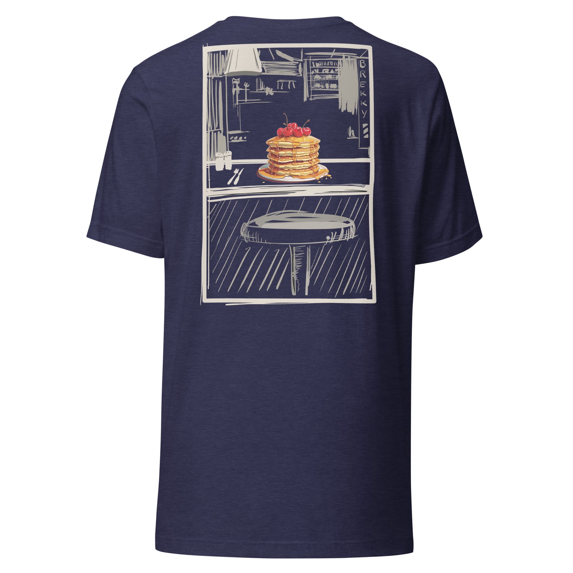 This slim fitting stretchy tshirt features a sketch style design by Brekky Threads. Pancakes on a plate, drawn in full color, set in a line art breakfast diner sketch. The lines are different shades of grey, while the background takes on the color of the tshirt fabric. Unisex. Color:  Heather Midnight Navy.