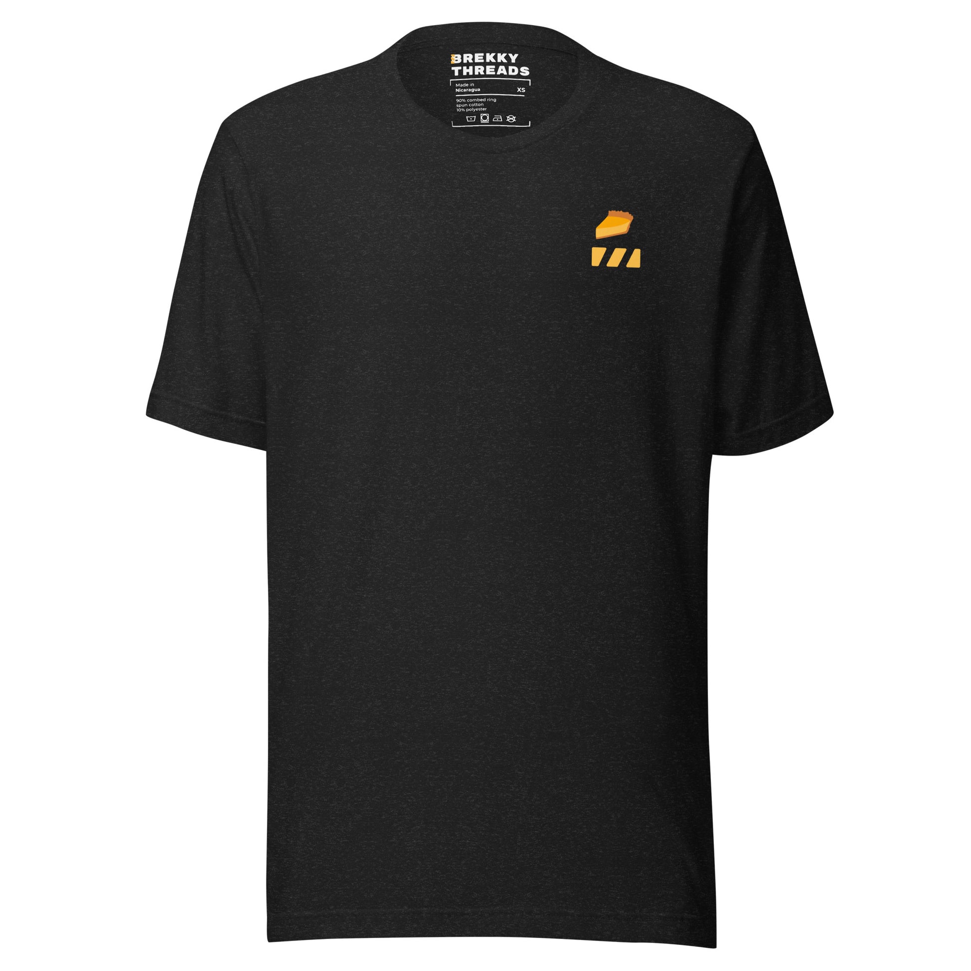 Pumpkin Pie Tshirt for Pie Day (03/14) Front of shirt. Slice of Pumpkin Pie graphic art  and Brekky Logo above left breast. Designed by Brekky Threads. Unisex / Mens / Womens. Color: Heather black.