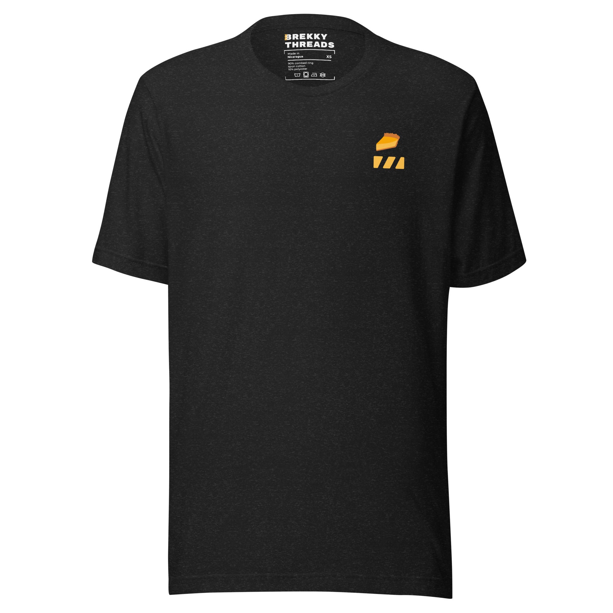 Pumpkin Pie Tshirt for Pie Day (03/14) Front of shirt. Slice of Pumpkin Pie graphic art  and Brekky Logo above left breast. Designed by Brekky Threads. Unisex / Mens / Womens. Color: Heather black.