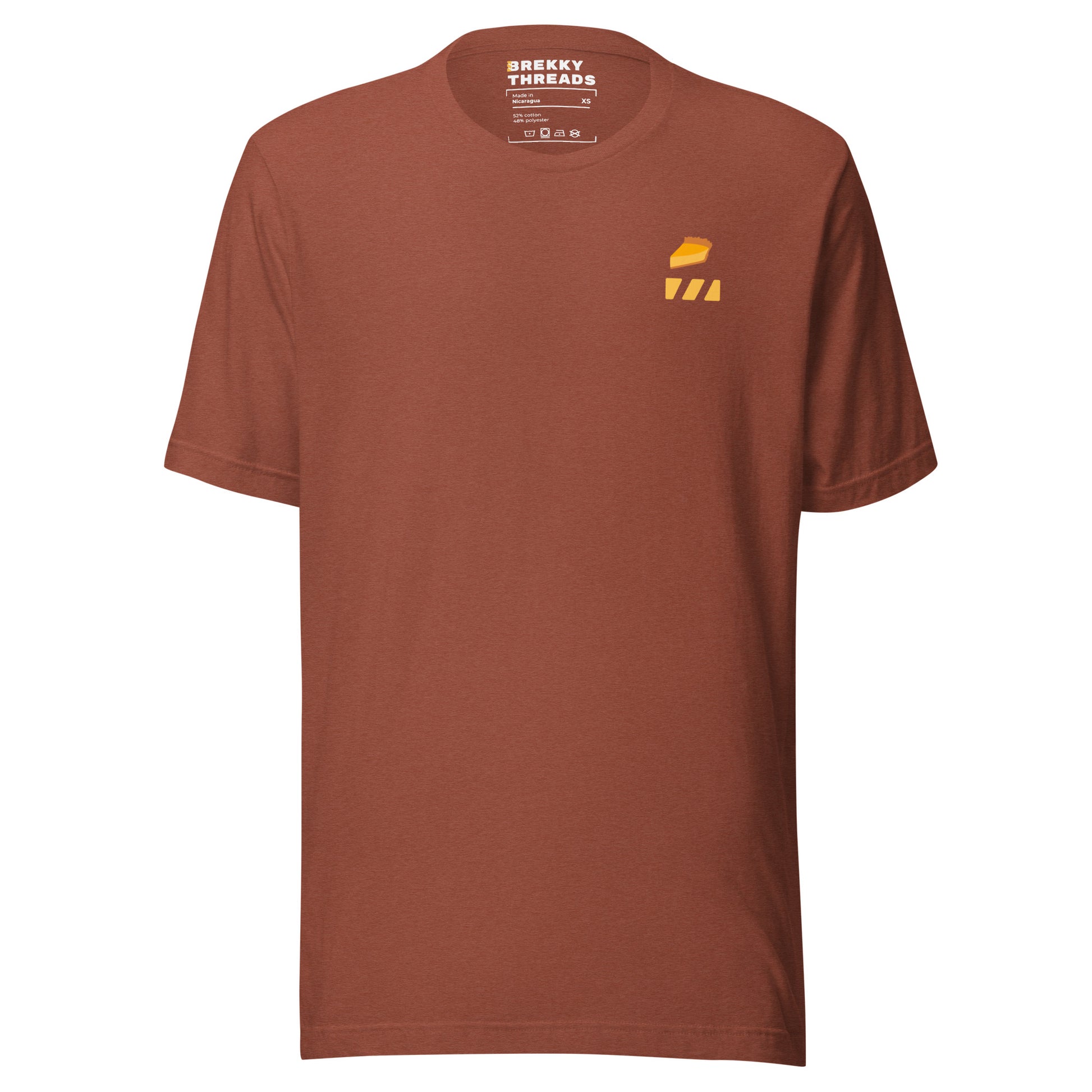 Pumpkin Pie Tshirt for Pie Day (03/14) Front of shirt. Slice of Pumpkin Pie graphic art  and Brekky Logo above left breast. Designed by Brekky Threads. Unisex / Mens / Womens. Color: Heather clay.