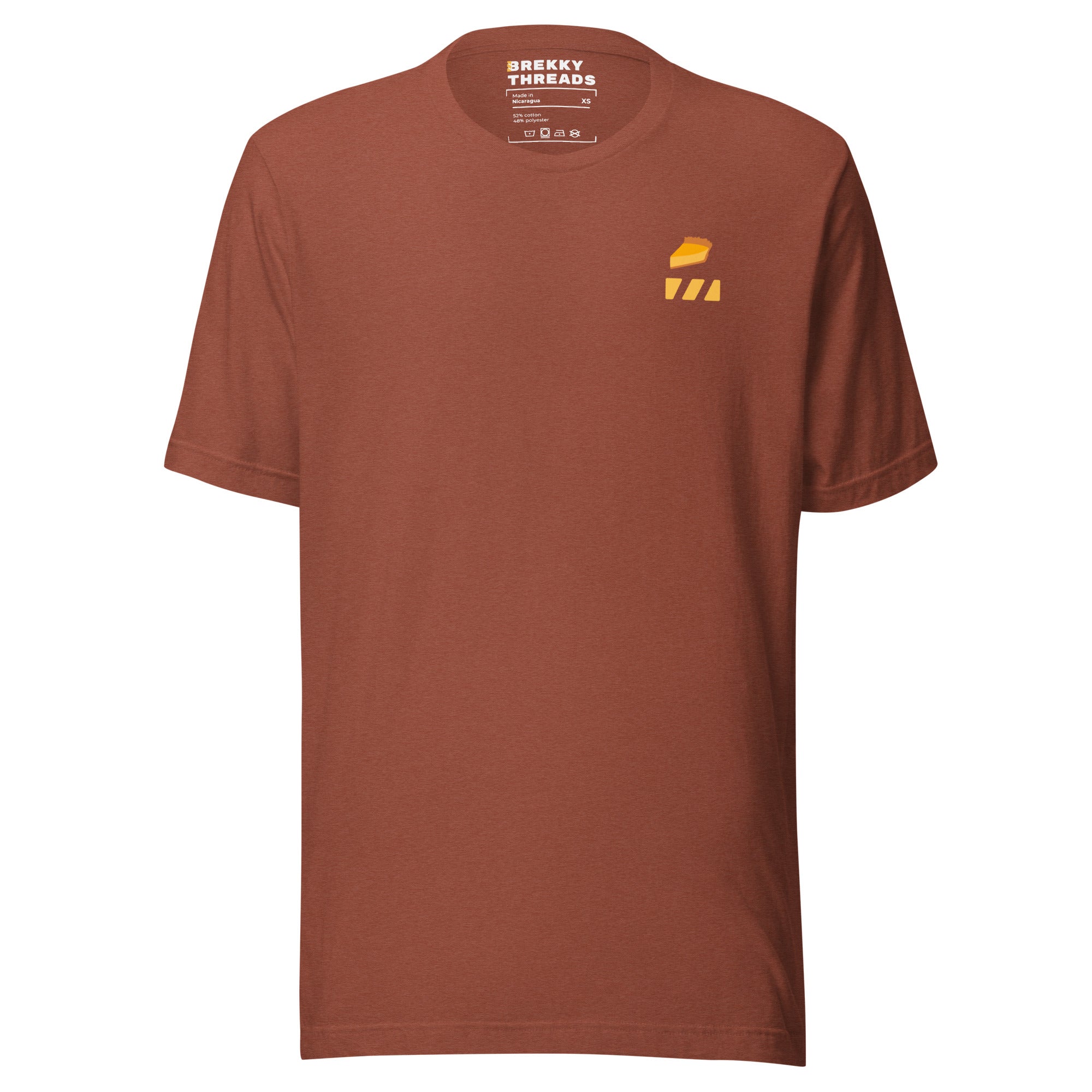 Pumpkin Pie Tshirt for Pie Day (03/14) Front of shirt. Slice of Pumpkin Pie graphic art  and Brekky Logo above left breast. Designed by Brekky Threads. Unisex / Mens / Womens. Color: Heather clay.