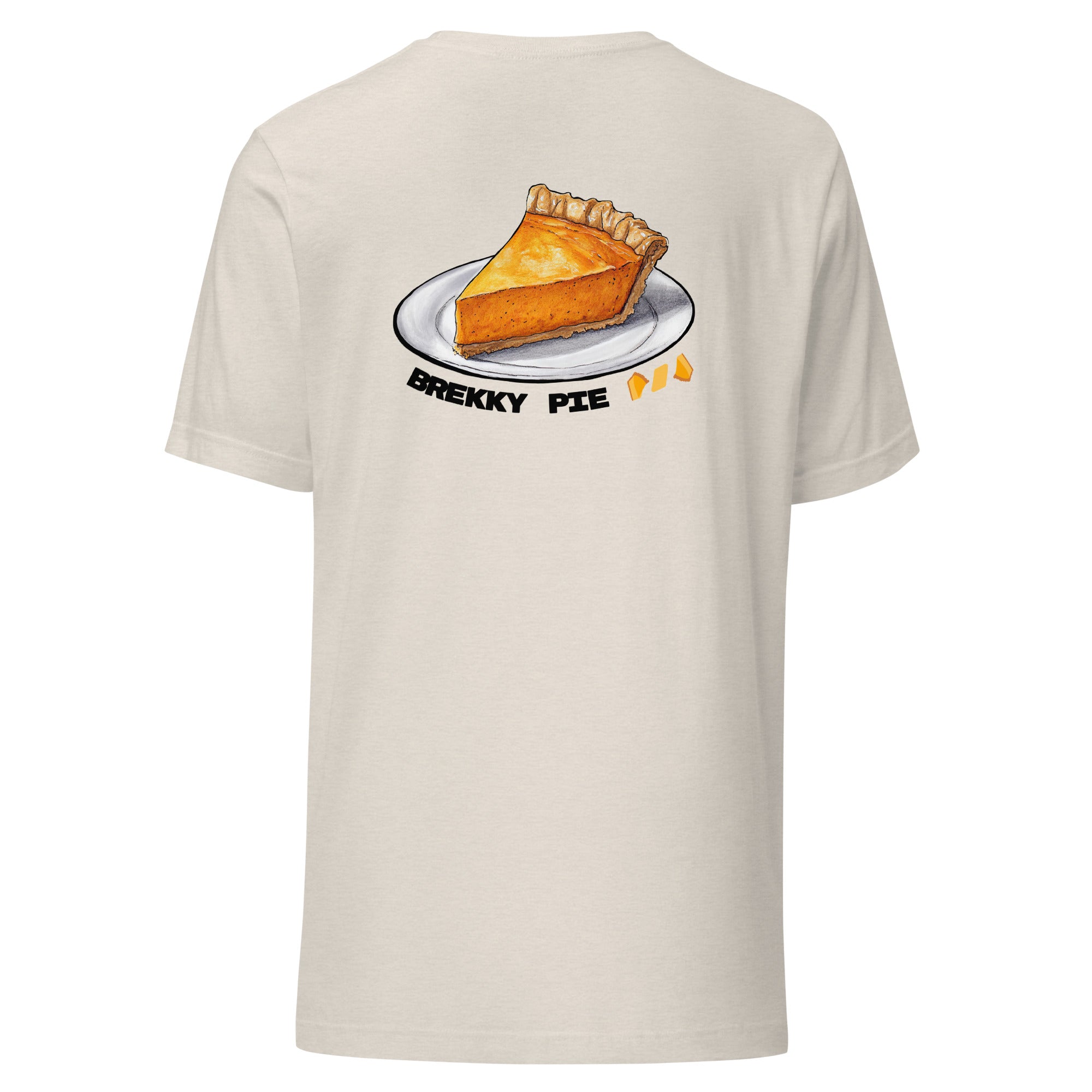 Pumpkin Pie Tshirt for Pie Day (03/14) Back of shirt. Slice of Pumpkin Pie with Brekky Pie text and Brekky Logo. Designed by Brekky Threads. Unisex / Mens / Womens. Color: Heather dust.