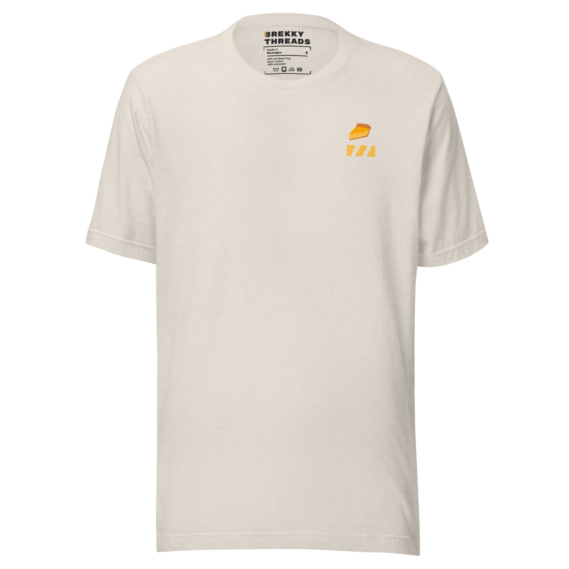 Pumpkin Pie Tshirt for Pie Day (03/14) Front of shirt. Slice of Pumpkin Pie graphic art  and Brekky Logo above left breast. Designed by Brekky Threads. Unisex / Mens / Womens. Color: Heather dust.