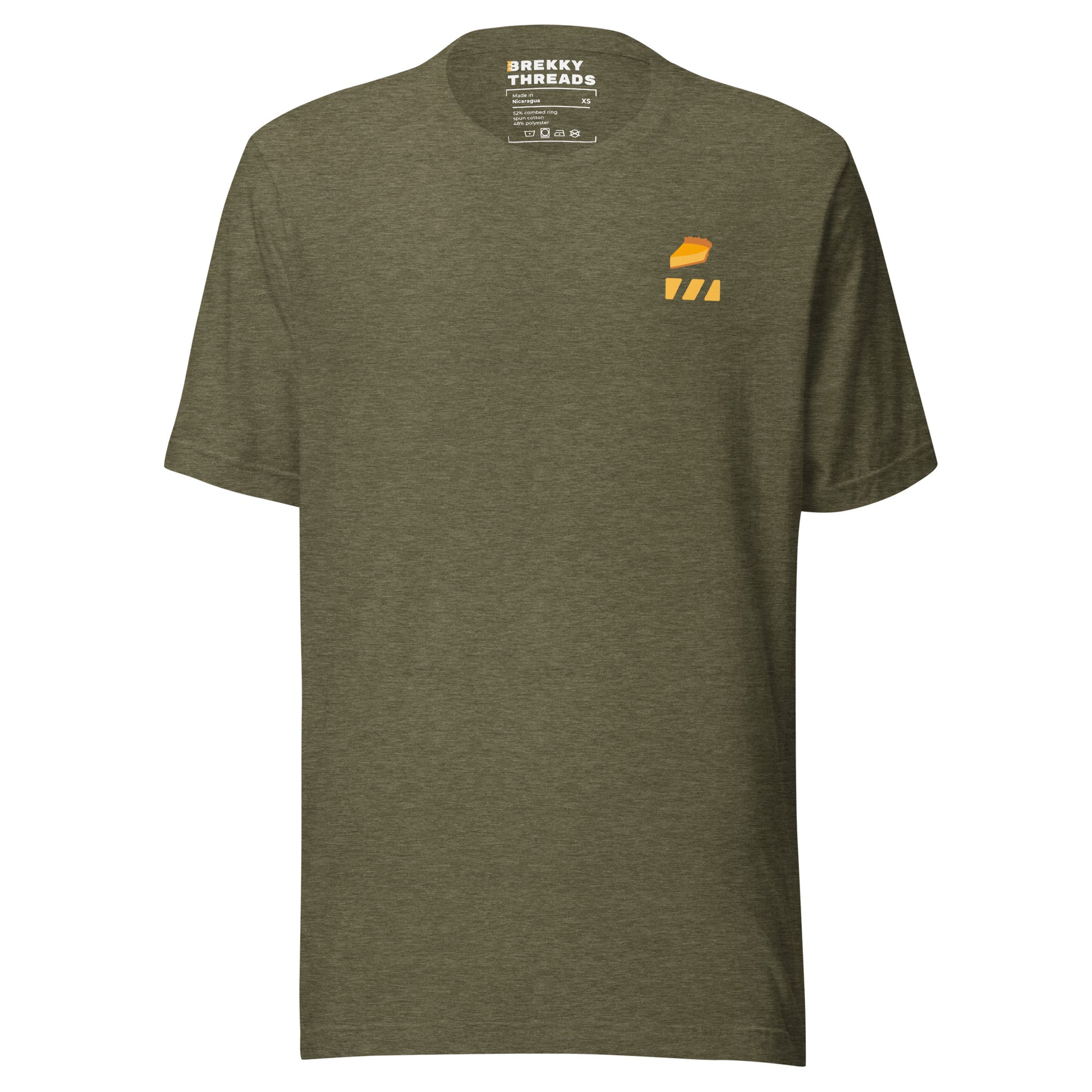 Pumpkin Pie Tshirt for Pie Day (03/14) Front of shirt. Slice of Pumpkin Pie graphic art  and Brekky Logo above left breast. Designed by Brekky Threads. Unisex / Mens / Womens. Color: Heather olive.