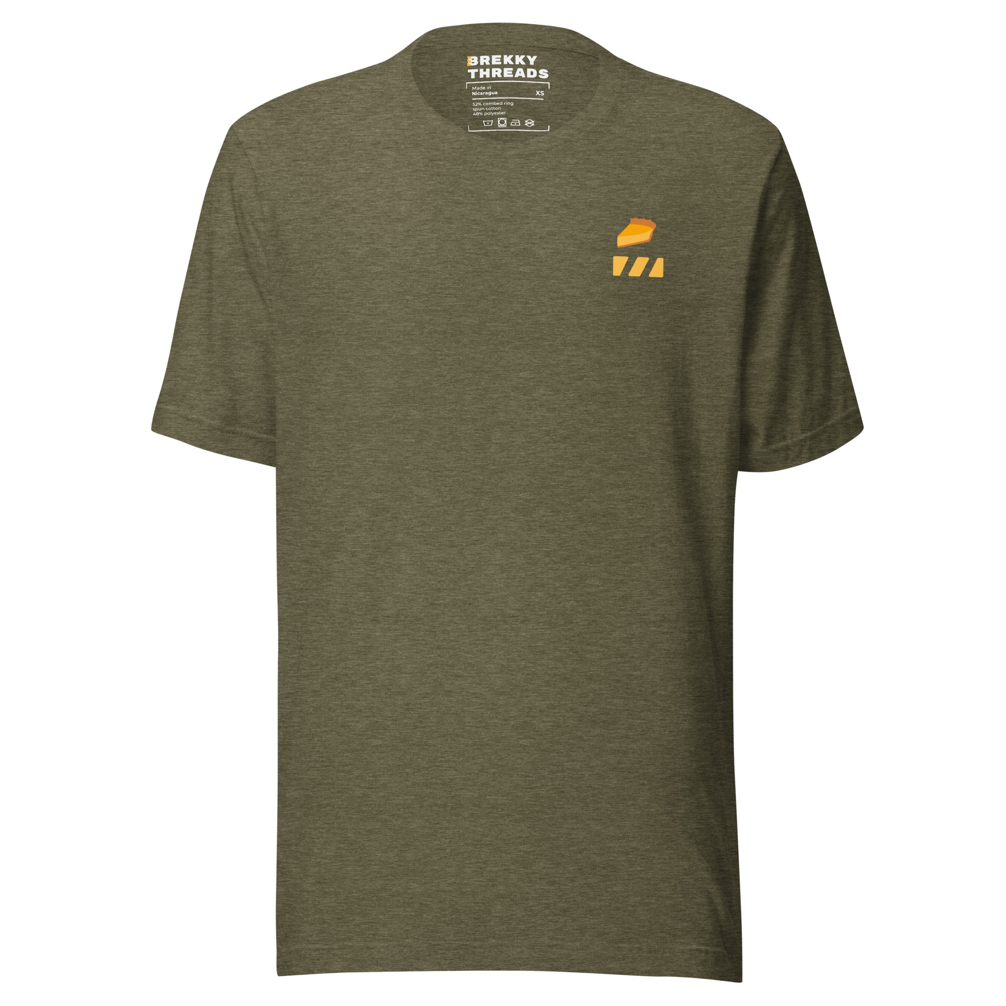 Pumpkin Pie Tshirt for Pie Day (03/14) Front of shirt. Slice of Pumpkin Pie graphic art  and Brekky Logo above left breast. Designed by Brekky Threads. Unisex / Mens / Womens. Color: Heather olive.