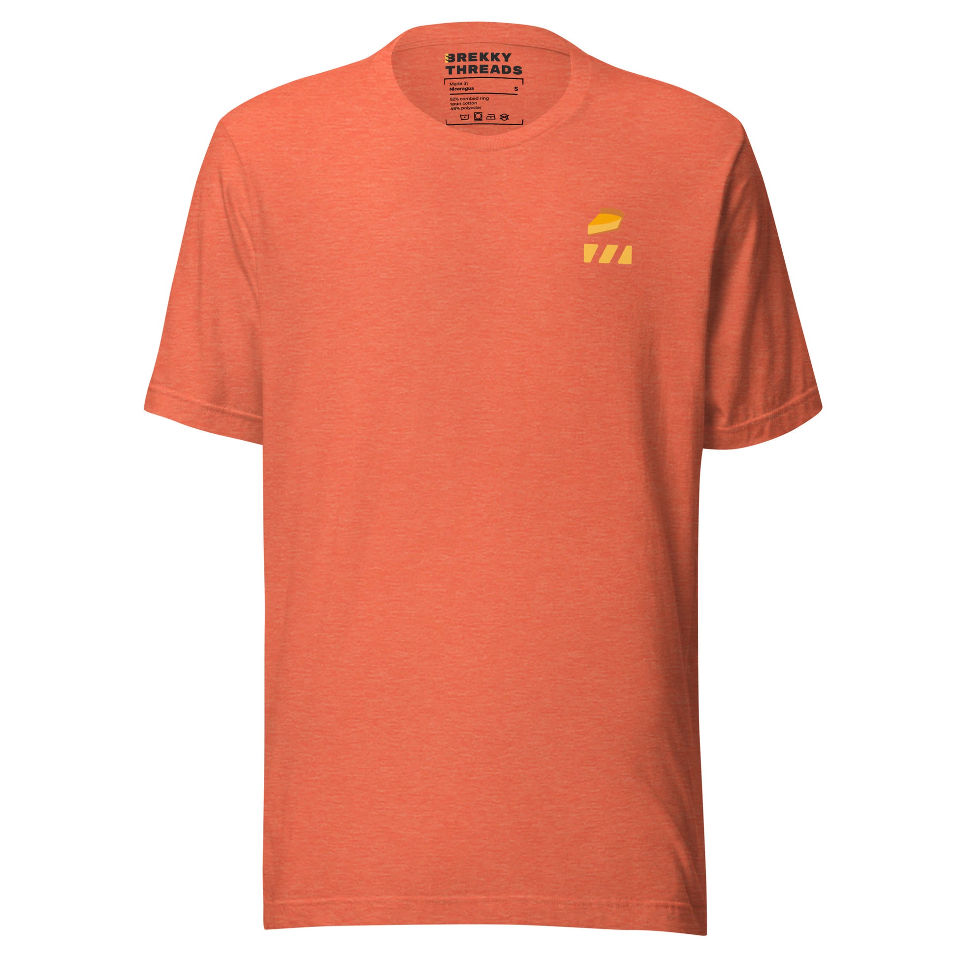 Pumpkin Pie Tshirt for Pie Day (03/14) Front of shirt. Slice of Pumpkin Pie graphic art  and Brekky Logo above left breast. Designed by Brekky Threads. Unisex / Mens / Womens. Color: Heather orange.