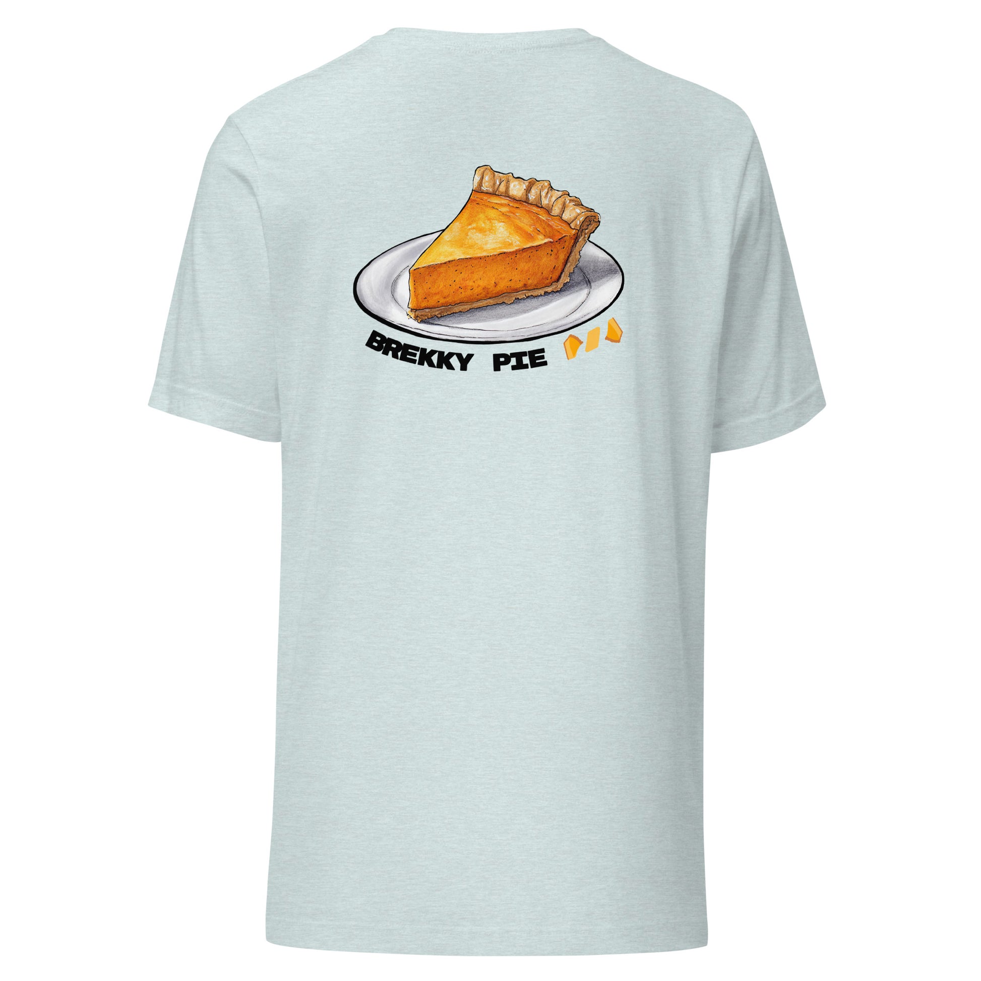 Pumpkin Pie Tshirt for Pie Day (03/14) Back of shirt. Slice of Pumpkin Pie with Brekky Pie text and Brekky Logo. Designed by Brekky Threads. Unisex / Mens / Womens. Color: Heather prism ice blue.