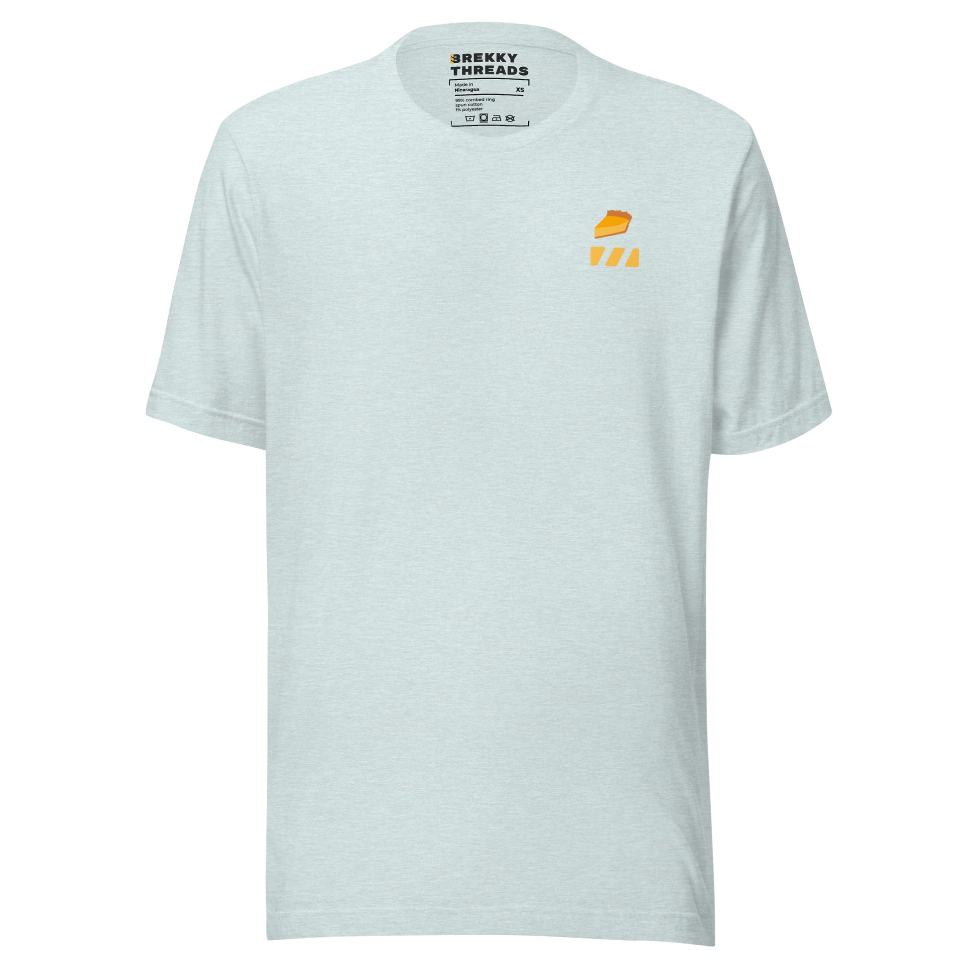 Pumpkin Pie Tshirt for Pie Day (03/14) Front of shirt. Slice of Pumpkin Pie graphic art  and Brekky Logo above left breast. Designed by Brekky Threads. Unisex / Mens / Womens. Color: Heather prism ice blue.