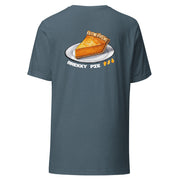 Pumpkin Pie Tshirt for Pie Day (03/14) Back of shirt. Slice of Pumpkin Pie with Brekky Pie text and Brekky Logo. Designed by Brekky Threads. Unisex / Mens / Womens. Color: Heather slate.