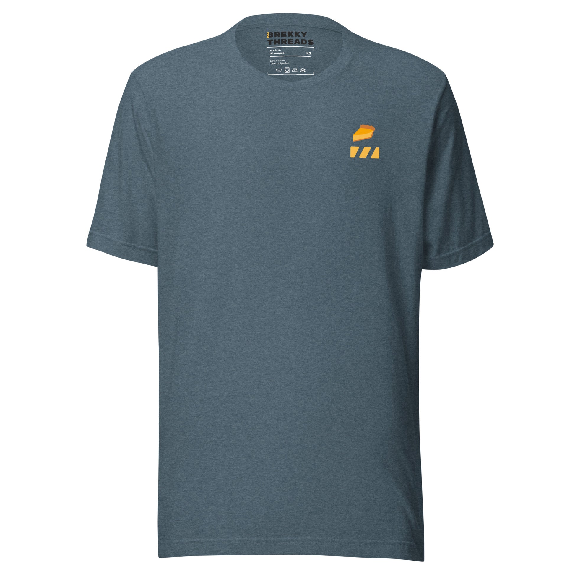 Pumpkin Pie Tshirt for Pie Day (03/14) Front of shirt. Slice of Pumpkin Pie graphic art  and Brekky Logo above left breast. Designed by Brekky Threads. Unisex / Mens / Womens. Color: Heather slate.
