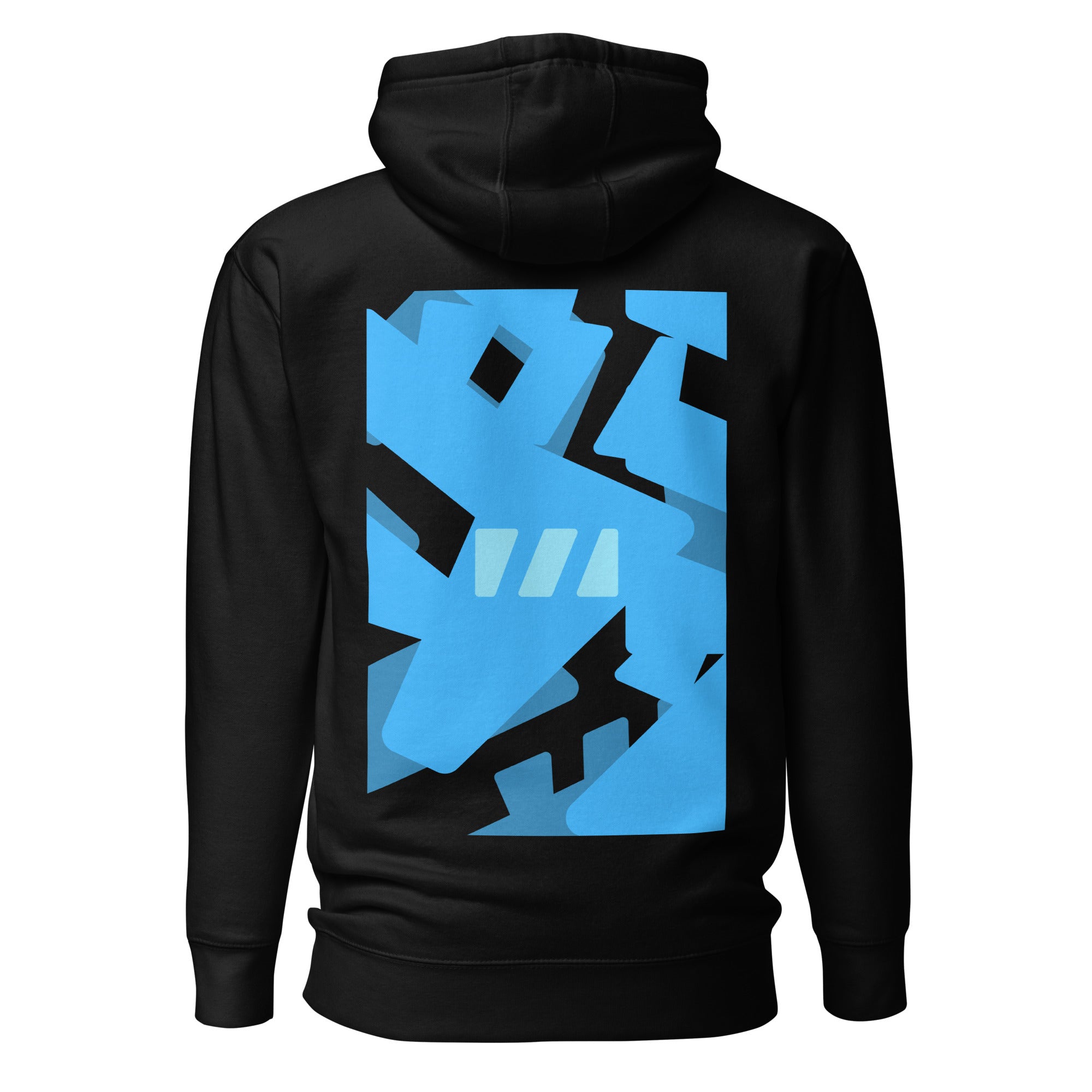 Slim Fitting unisex hoodie with flat drawstrings, in black, featuring the modern "River of Life" design by Brekky Threads. The Brekky Threads logo is laid out randomly in varying shades of blue to represent the disorder of life as a river, with an intact logo in the middle of the design acting as the anchor. Go with the flow, but anchor yourself to you, you're all you have. 