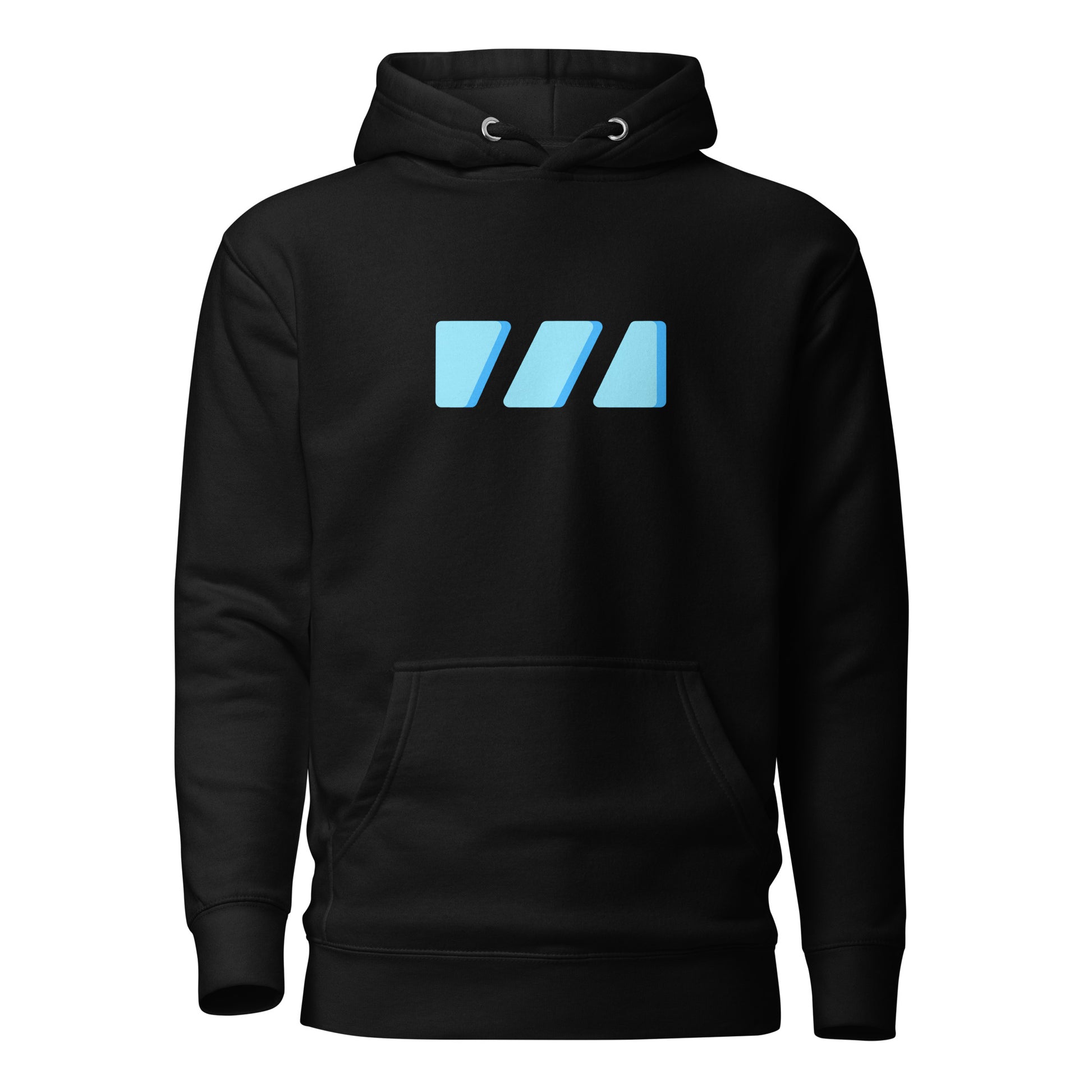 Slim Fitting unisex hoodie in black with flat draw strings, featuring the modern "River of Life" design by Brekky Threads. This is the front, which features the light blue Brekky Threads logo large and proudly displayed across the chest.