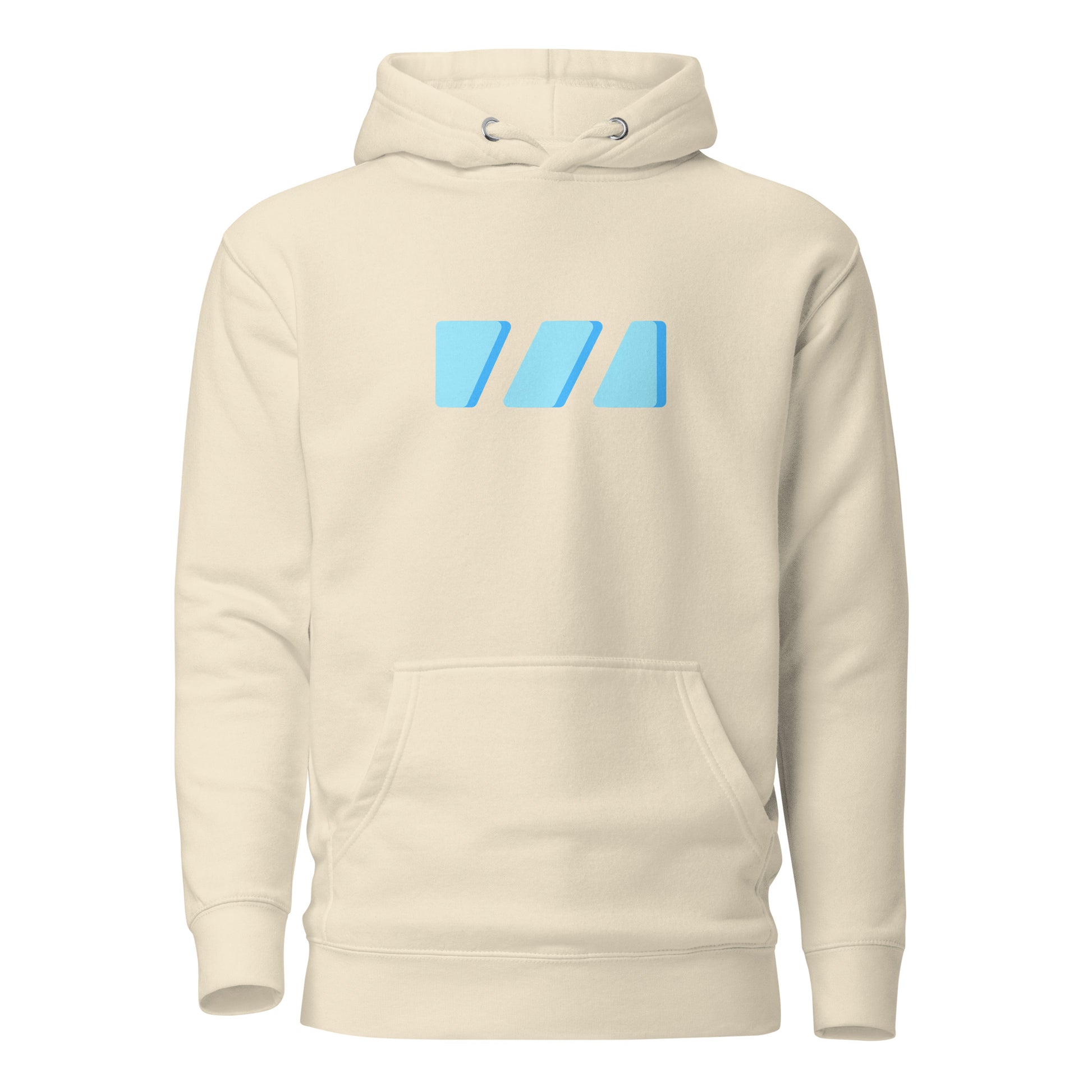 Slim Fitting unisex hoodie in bone (beige) with flat draw strings, featuring the modern "River of Life" design by Brekky Threads. This is the front, which features the light blue Brekky Threads logo large and proudly displayed across the chest.