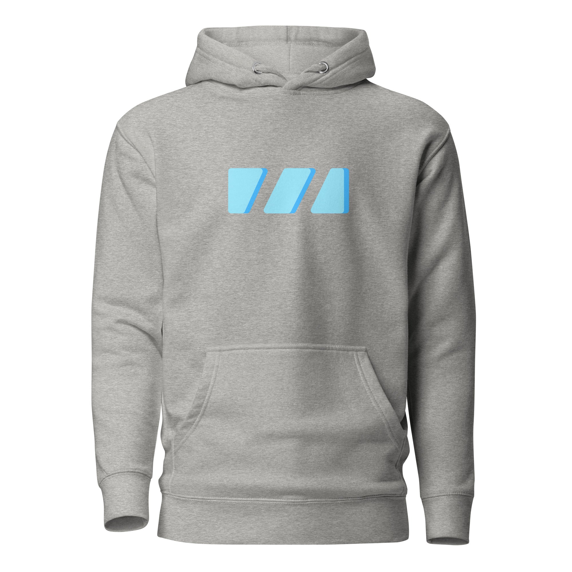 Slim Fitting unisex hoodie in carbon grey with flat draw strings, featuring the modern "River of Life" design by Brekky Threads. This is the front, which features the light blue Brekky Threads logo large and proudly displayed across the chest.