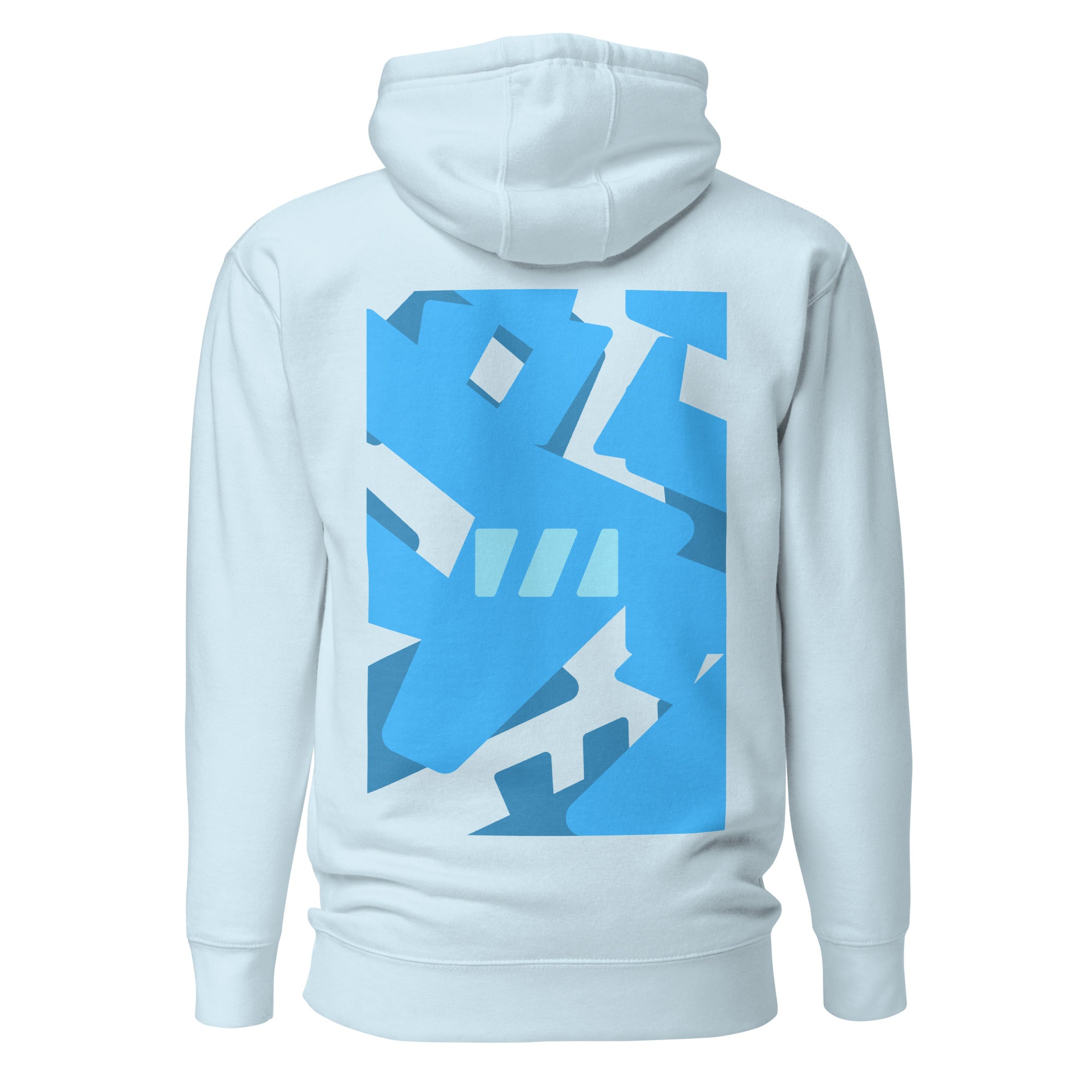 Slim Fitting unisex hoodie with flat drawstrings, in sky blue, featuring the modern "River of Life" design by Brekky Threads. The Brekky Threads logo is laid out randomly in varying shades of blue to represent the disorder of life as a river, with an intact logo in the middle of the design acting as the anchor. Go with the flow, but anchor yourself to you, you're all you have. 