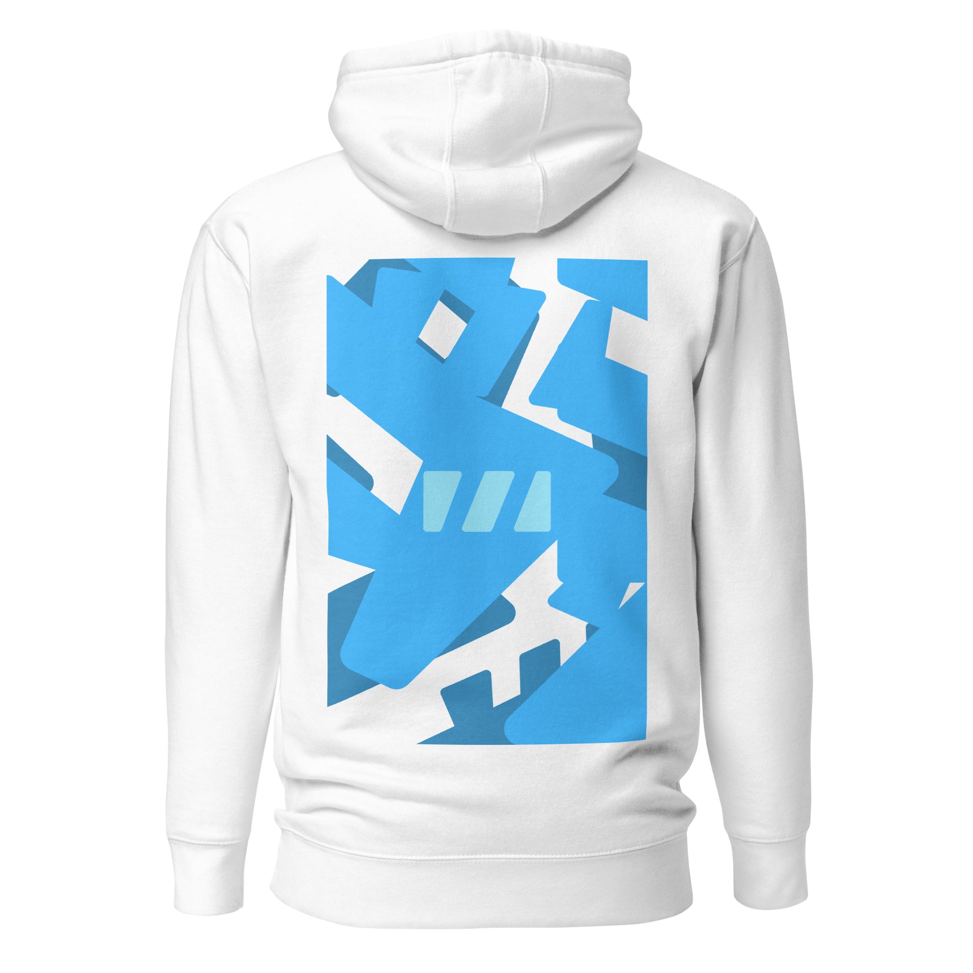 Slim Fitting unisex hoodie with flat drawstrings, in white, featuring the modern "River of Life" design by Brekky Threads. The Brekky Threads logo is laid out randomly in varying shades of blue to represent the disorder of life as a river, with an intact logo in the middle of the design acting as the anchor. Go with the flow, but anchor yourself to you, you're all you have. 